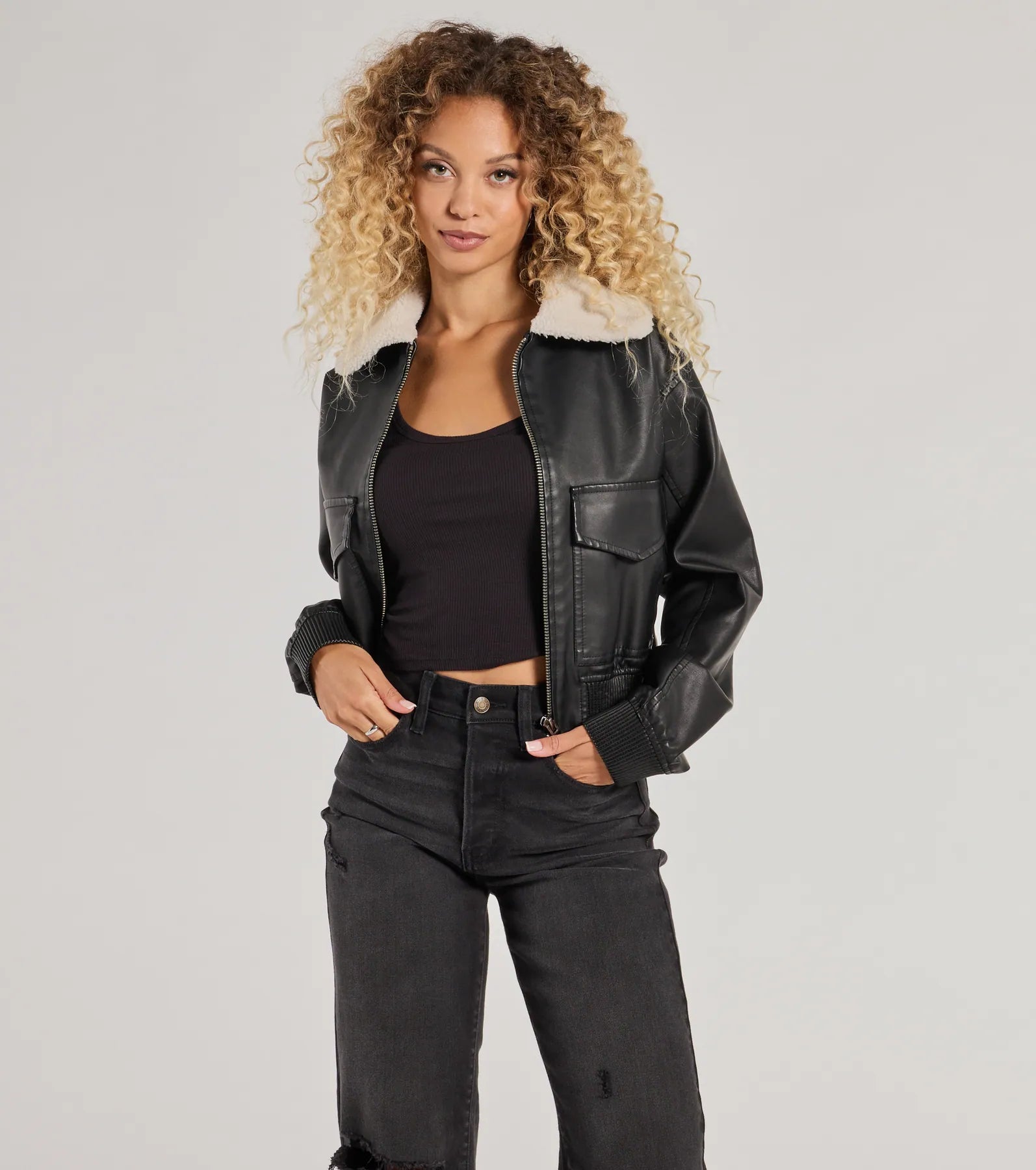 Premium Faux Leather & Sherpa Bomber Jacket - Ultimate Edgy Style