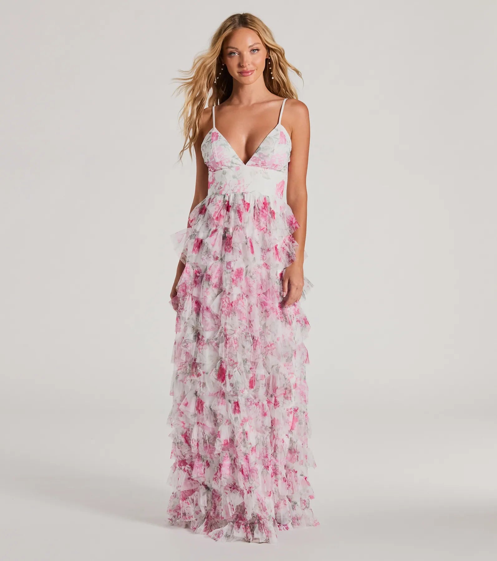 Premium Maisie V-Neck Ruffle Floral A-Line Evening Gown