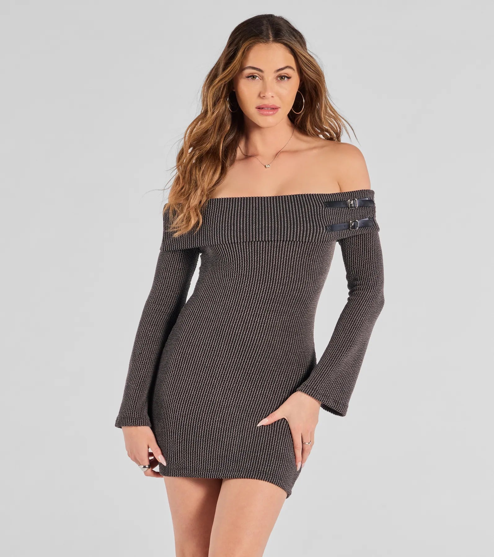 Ultimate Buckled Beauty Off-The-Shoulder Knit Mini Dress