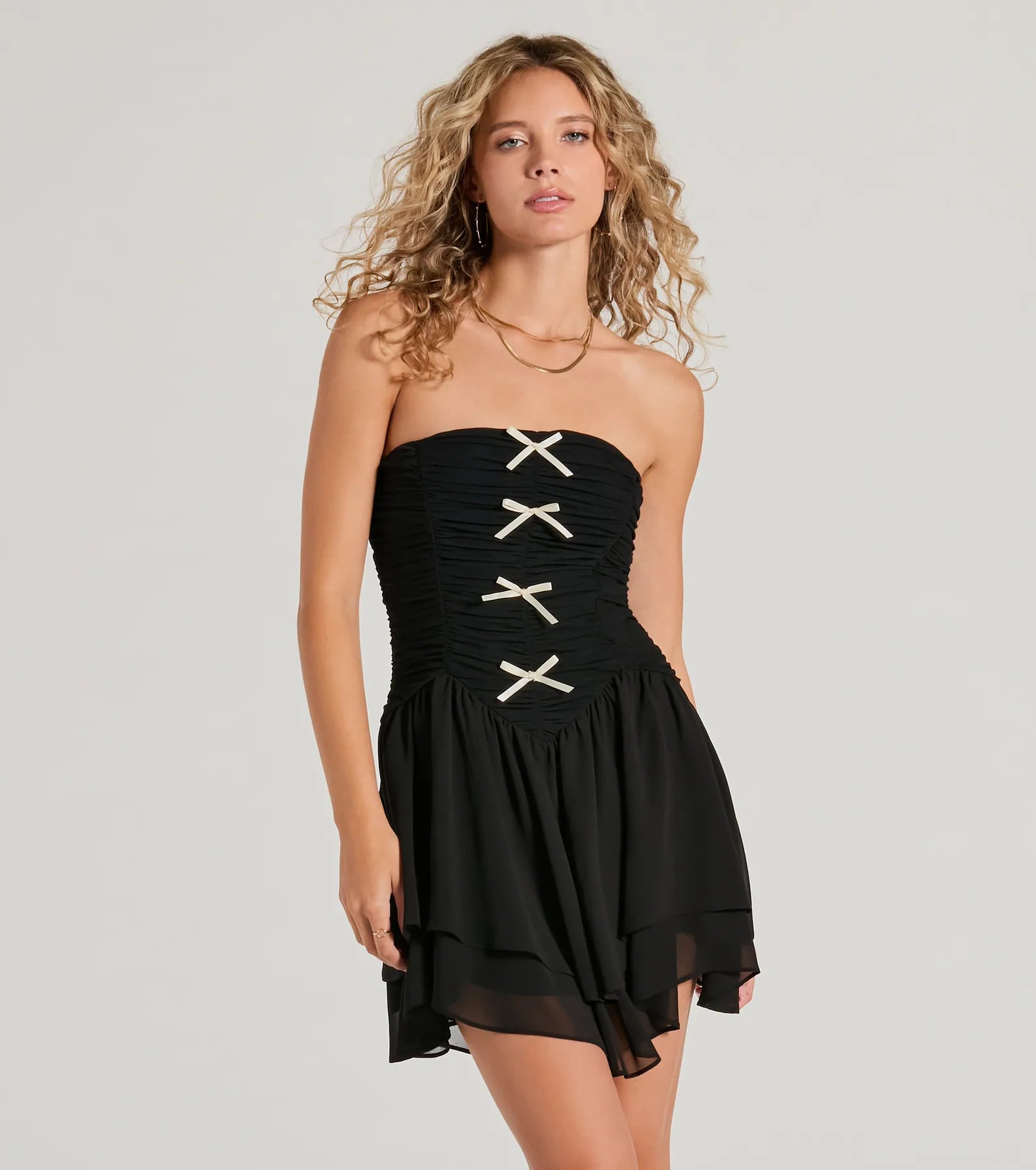 Ultimate Glam Strapless Bow A-Line Mini Dress