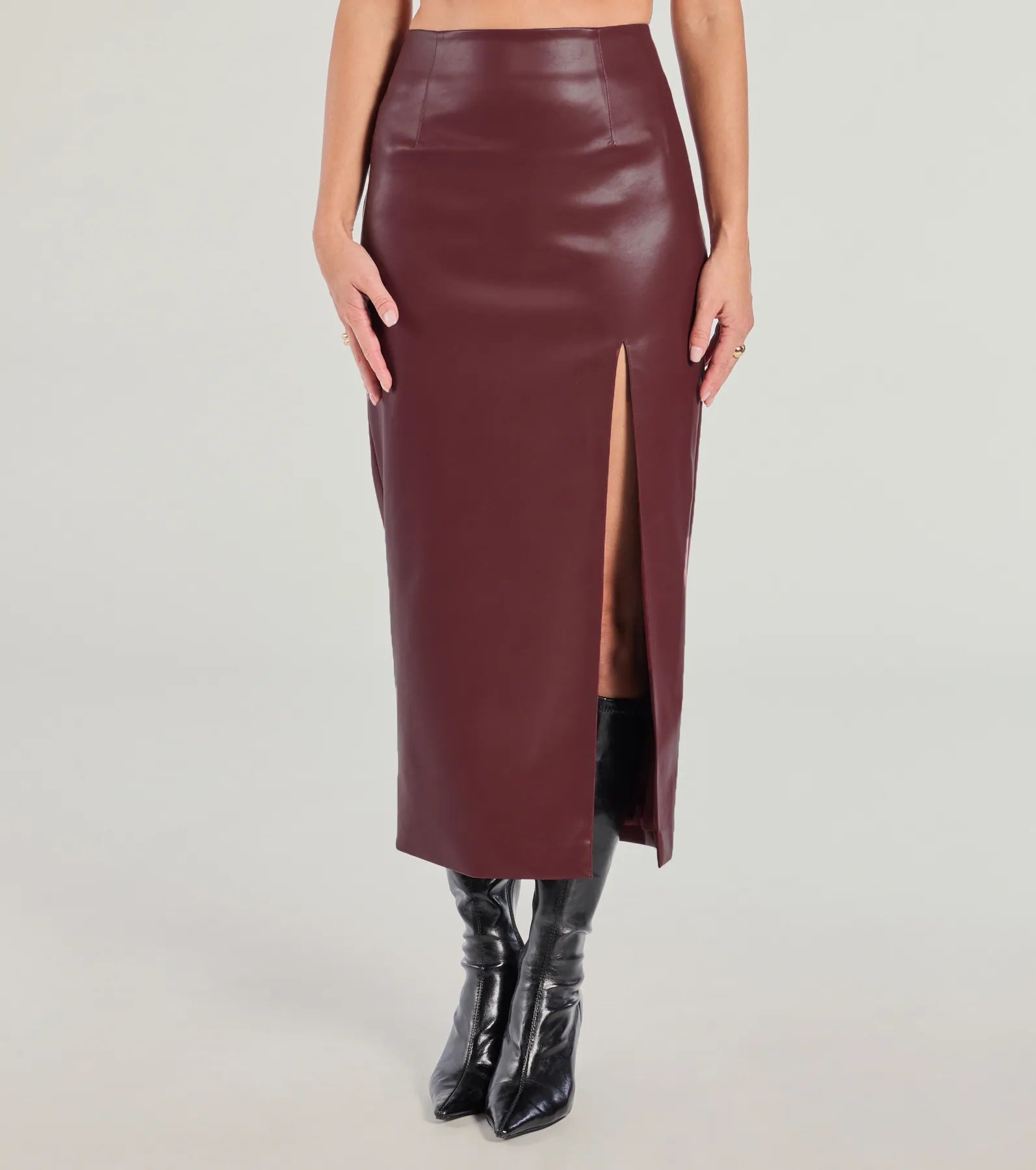 Premium Chic Moment High-Slit Faux Leather Midi Skirt