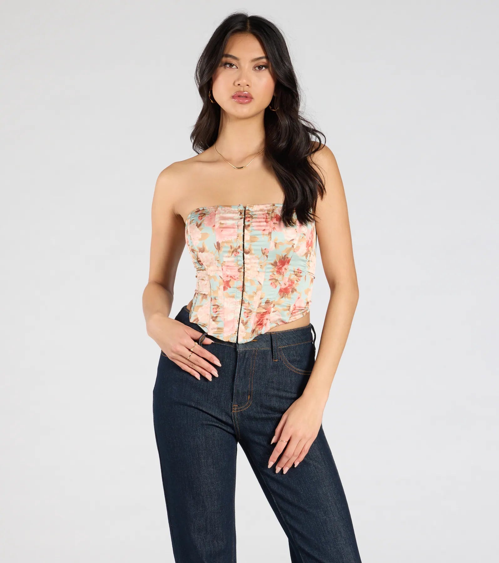 Premium Floral Satin Corset Top with Lace-Up Back