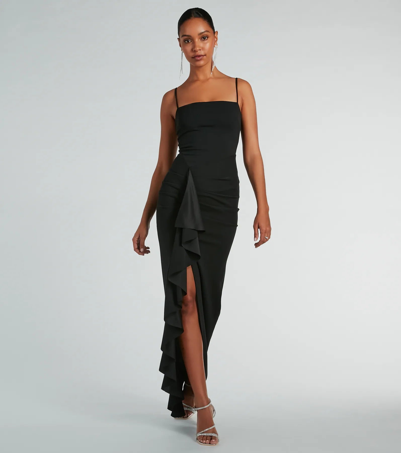 Premium Maggie Ruffled High Slit Crepe Evening Gown