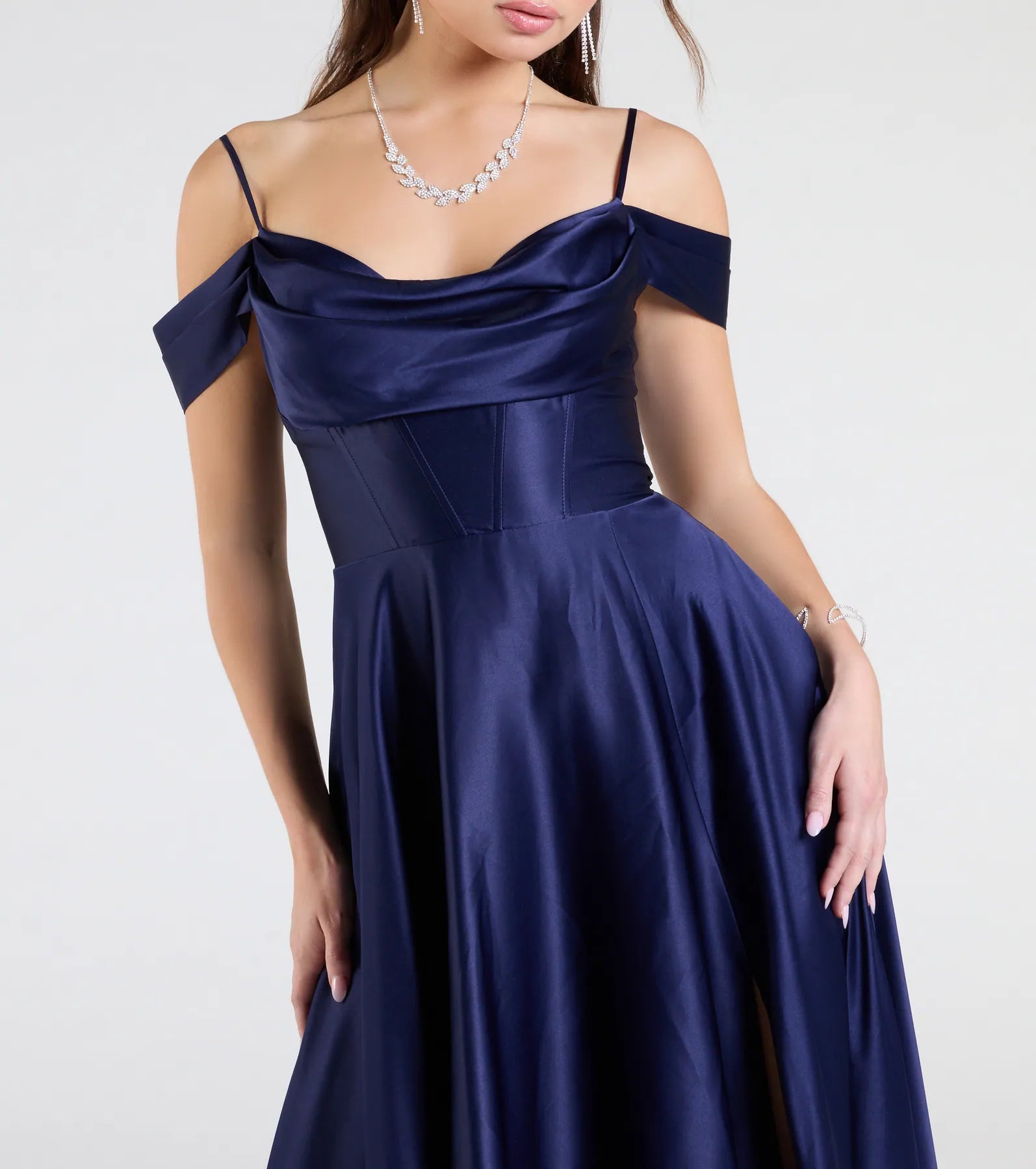 Premium Alira Satin Cold Shoulder A-Line Gown