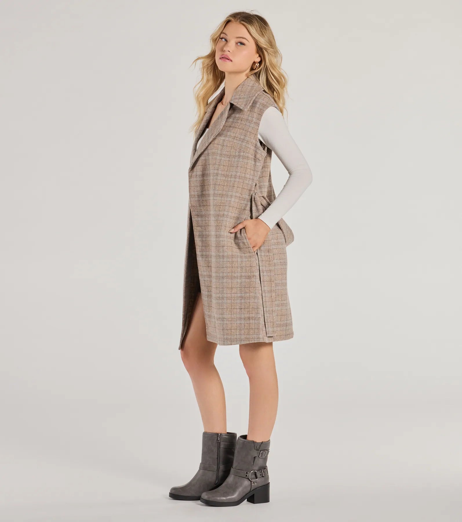 Premium Plaid Faux Wool Long Belted Vest - Ultimate Style Upgrade