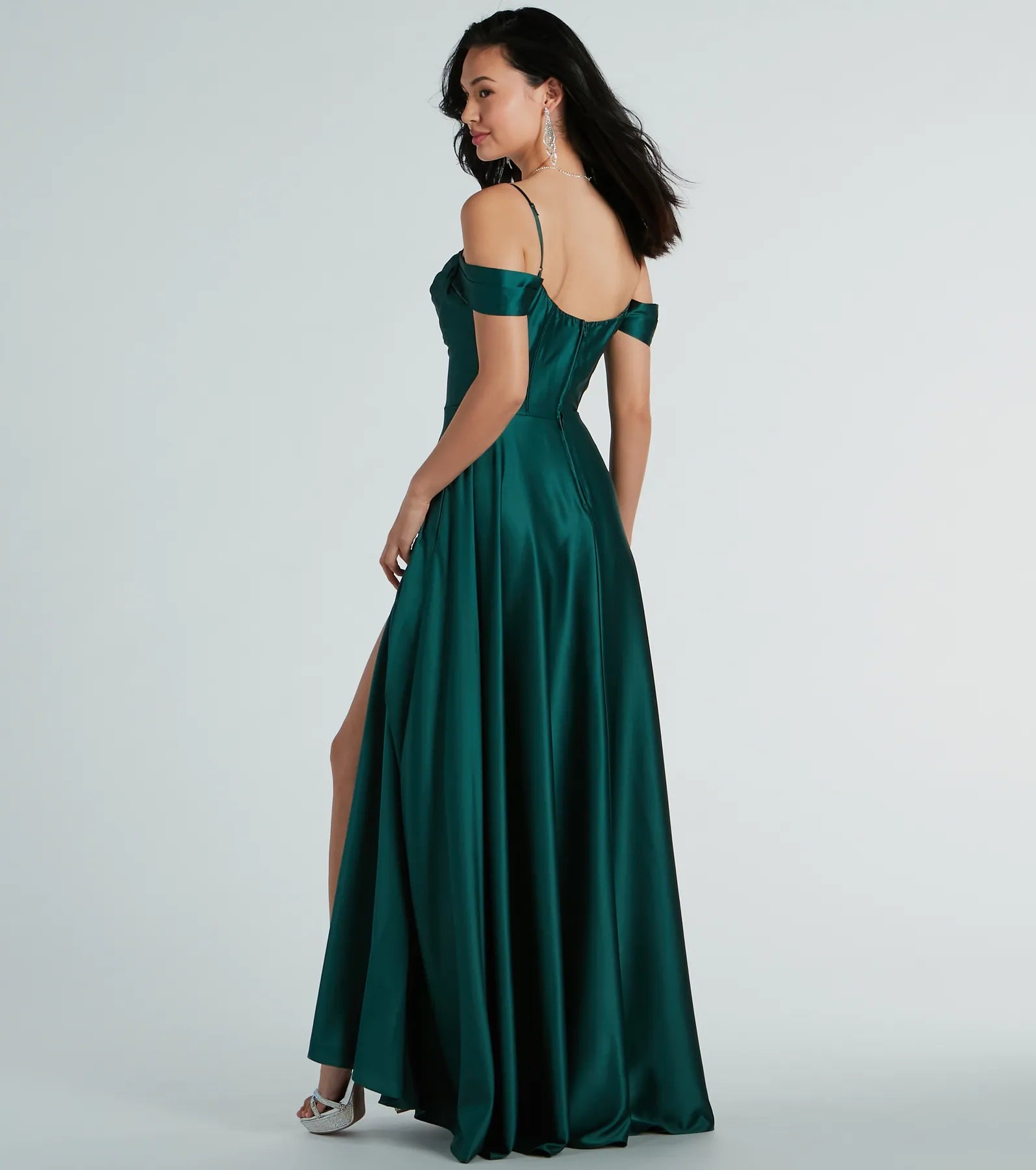 Premium Alira Satin Cold Shoulder A-Line Gown