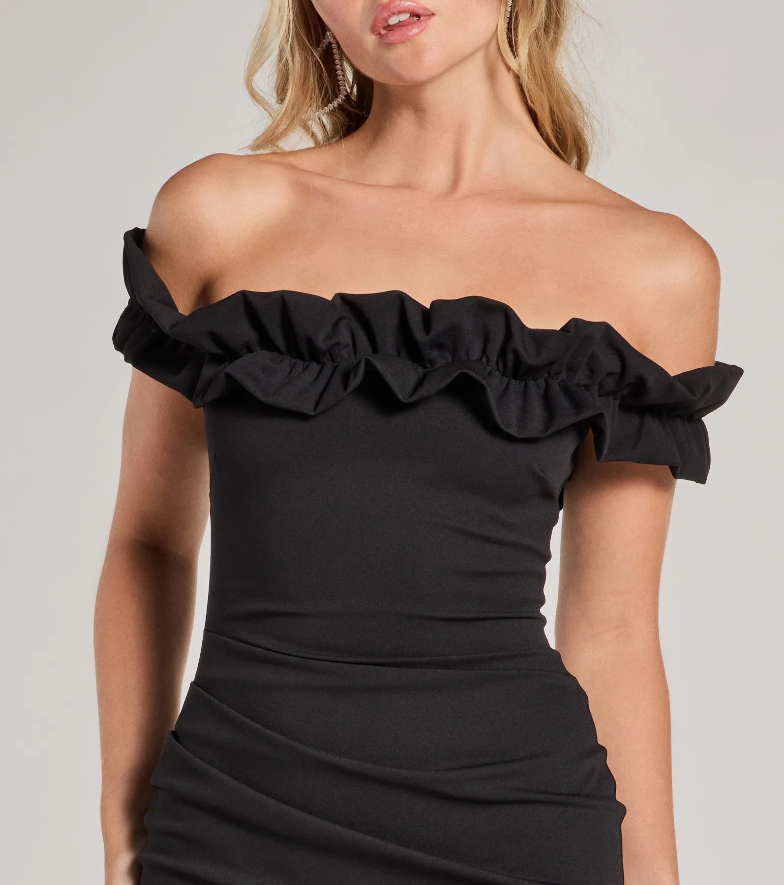 Ultimate Chic Factor Ruffled Off-The-Shoulder Mini Dress