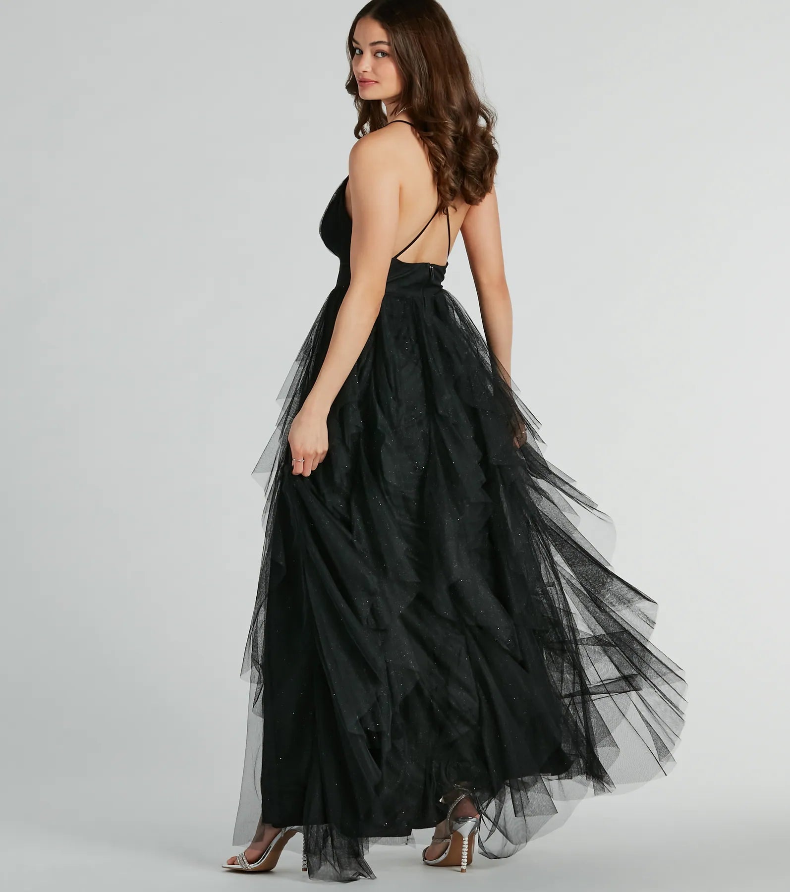 Ultimate Glamour: Wynonna V-Neck A-Line Ruffle Glitter Formal Dress