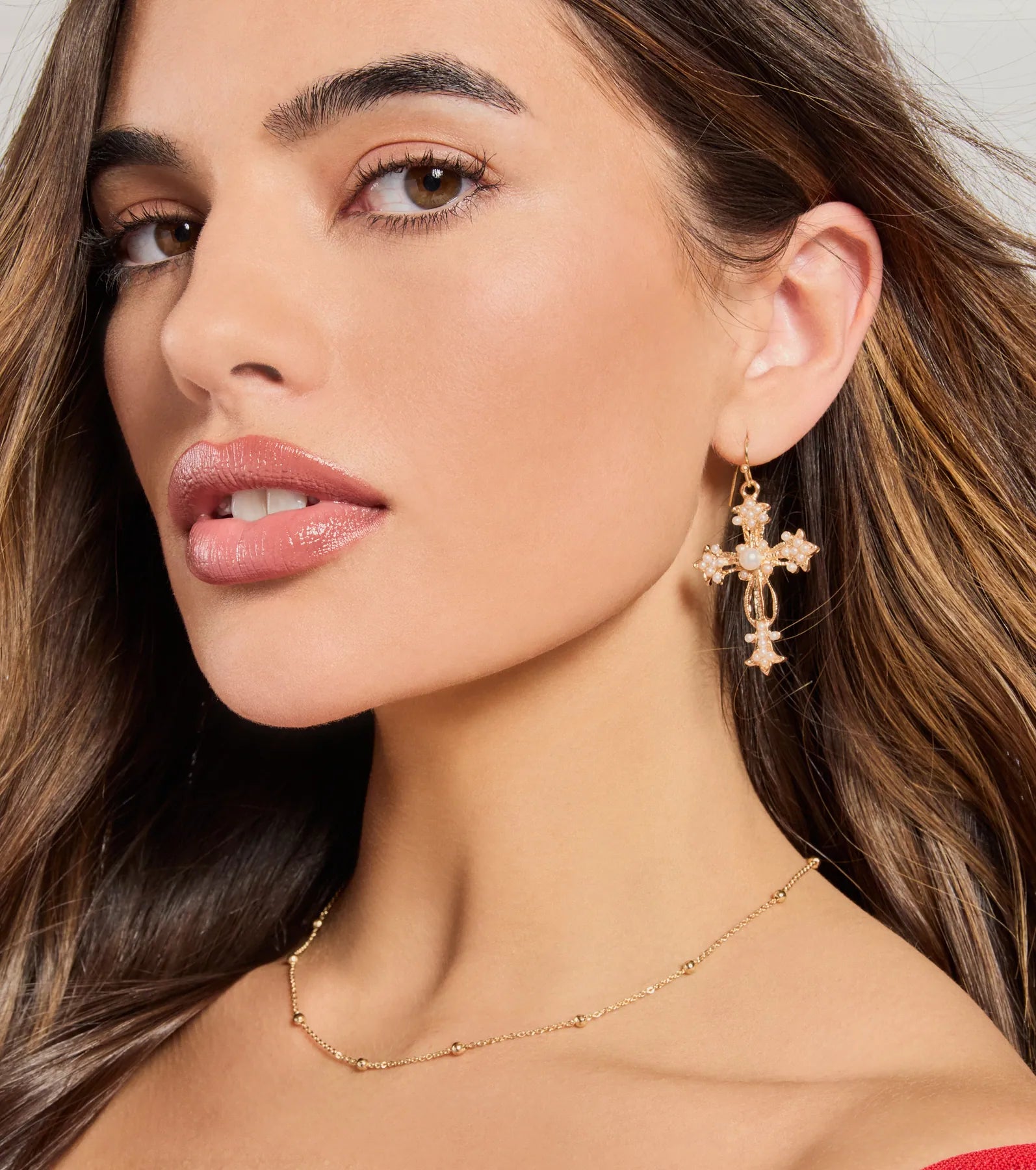 Premium Glam Radiance Cross Charm Pearl Earrings