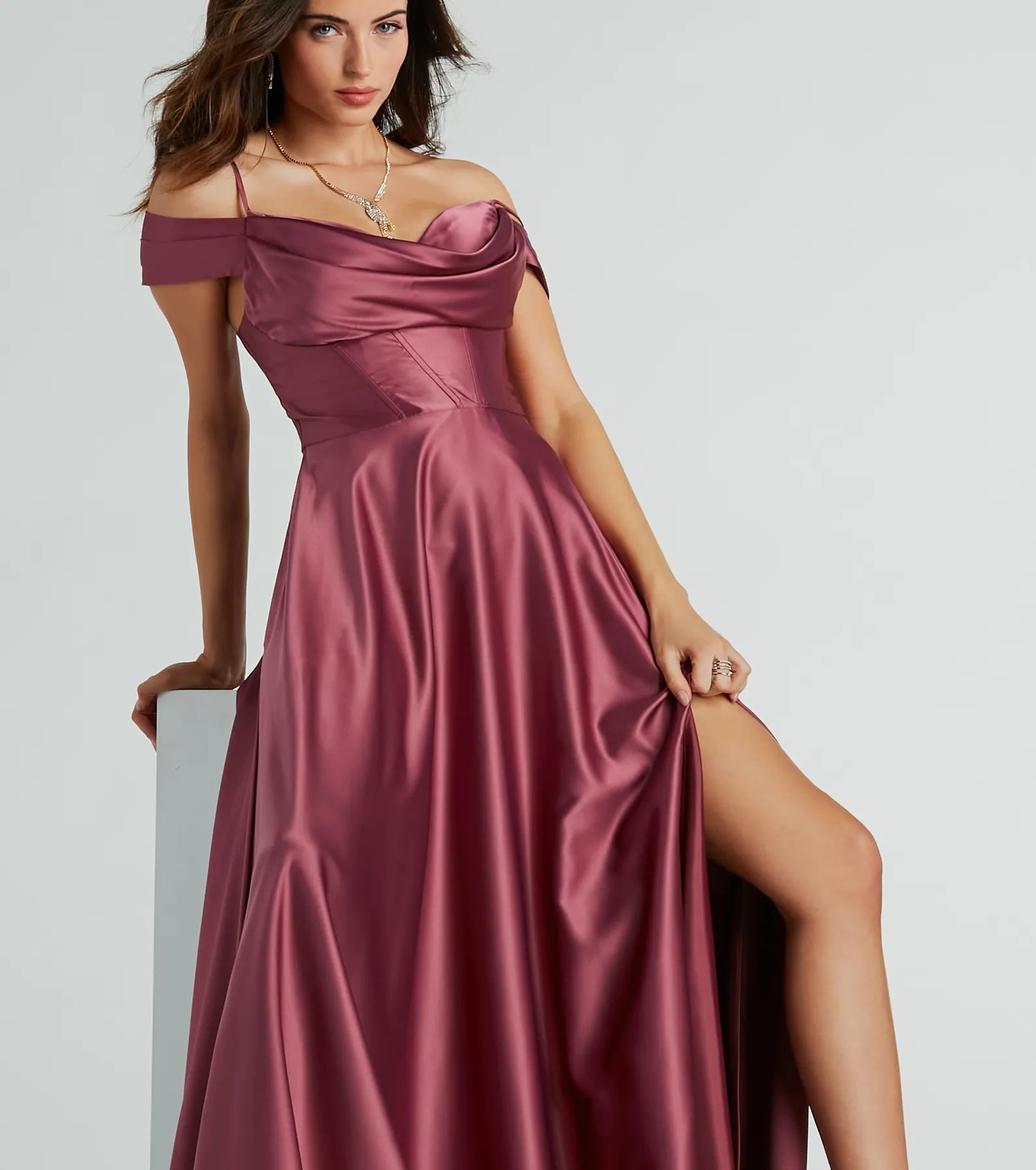 Premium Alira Satin Cold Shoulder A-Line Gown