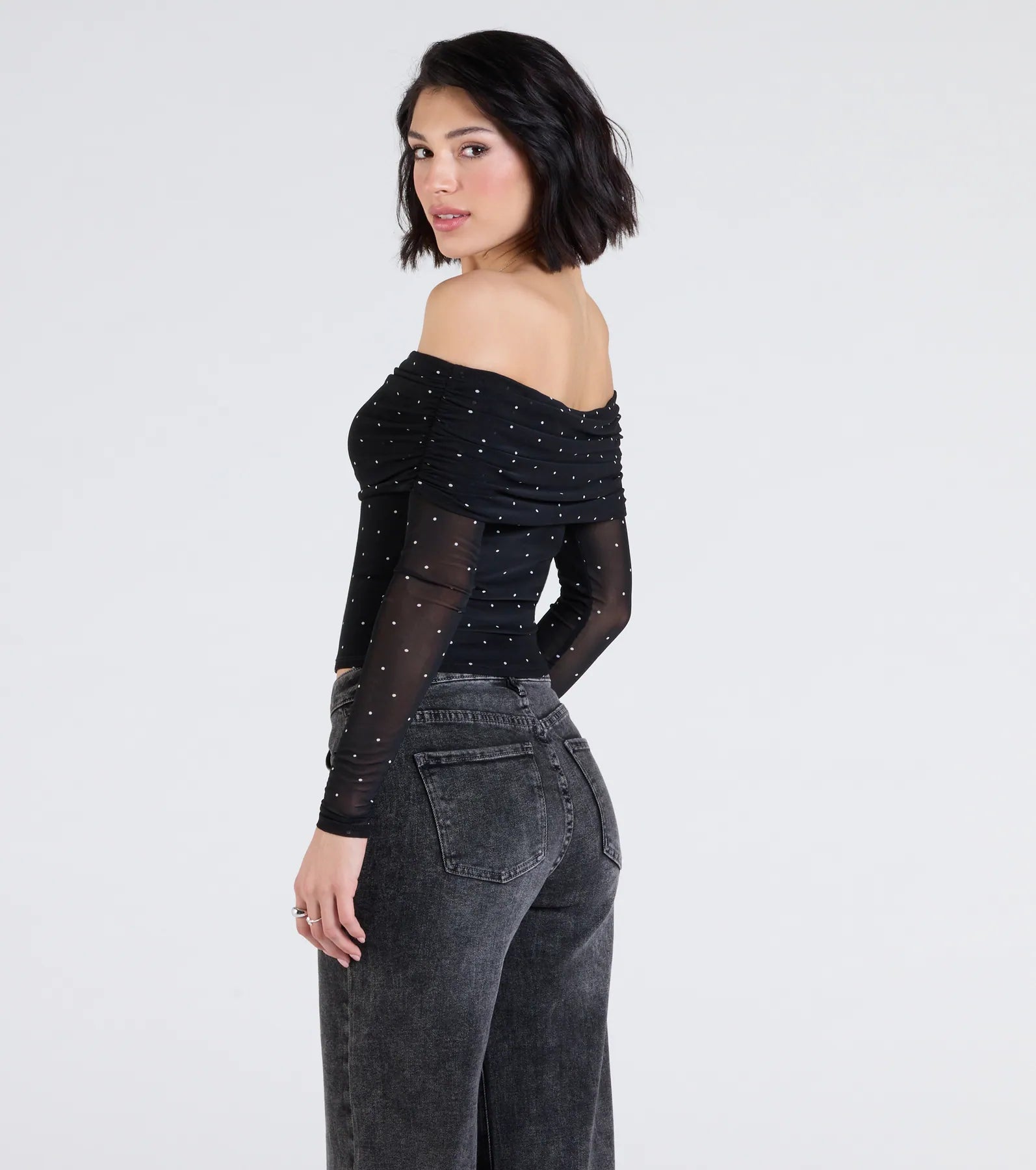 Premium Chic Off-The-Shoulder Polka Dot Crop Top