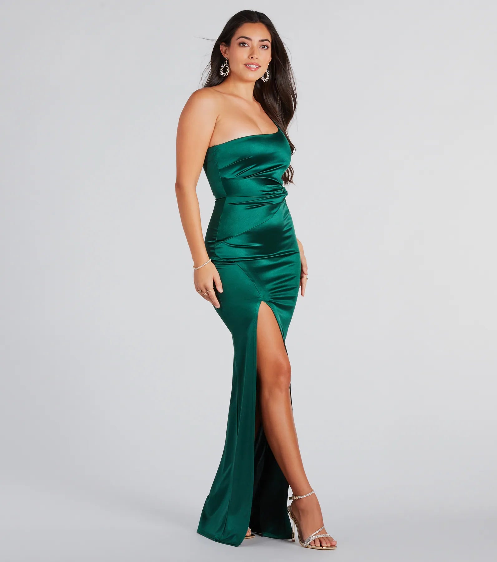 Premium Kori One-Shoulder Satin Evening Gown with High Slit