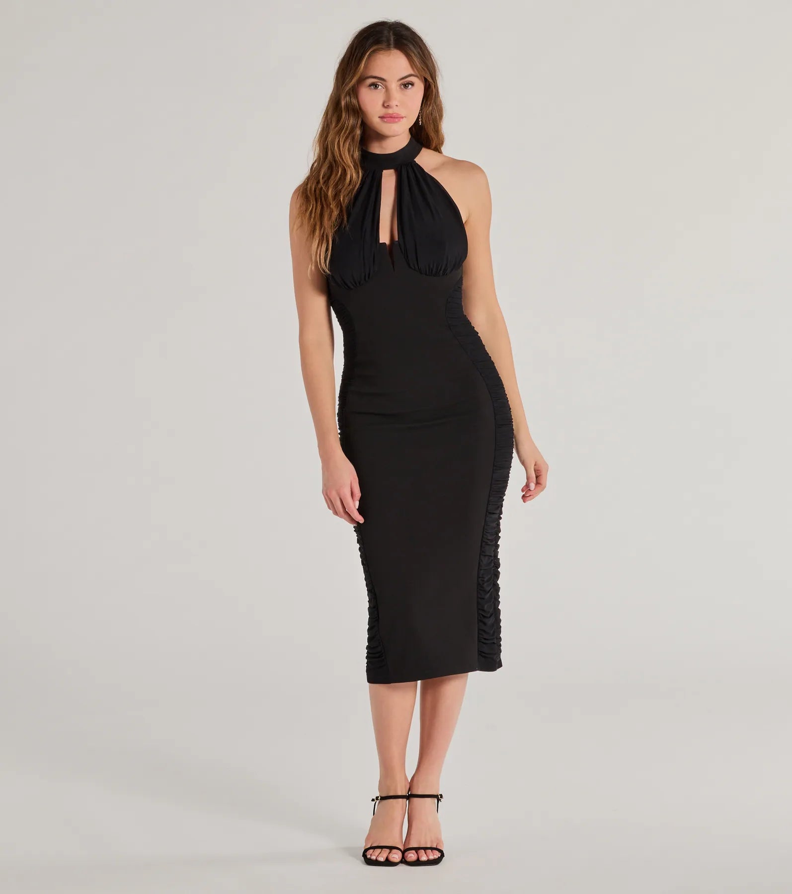 Premium Elegance: Mina High Neck Ruched Midi Dress