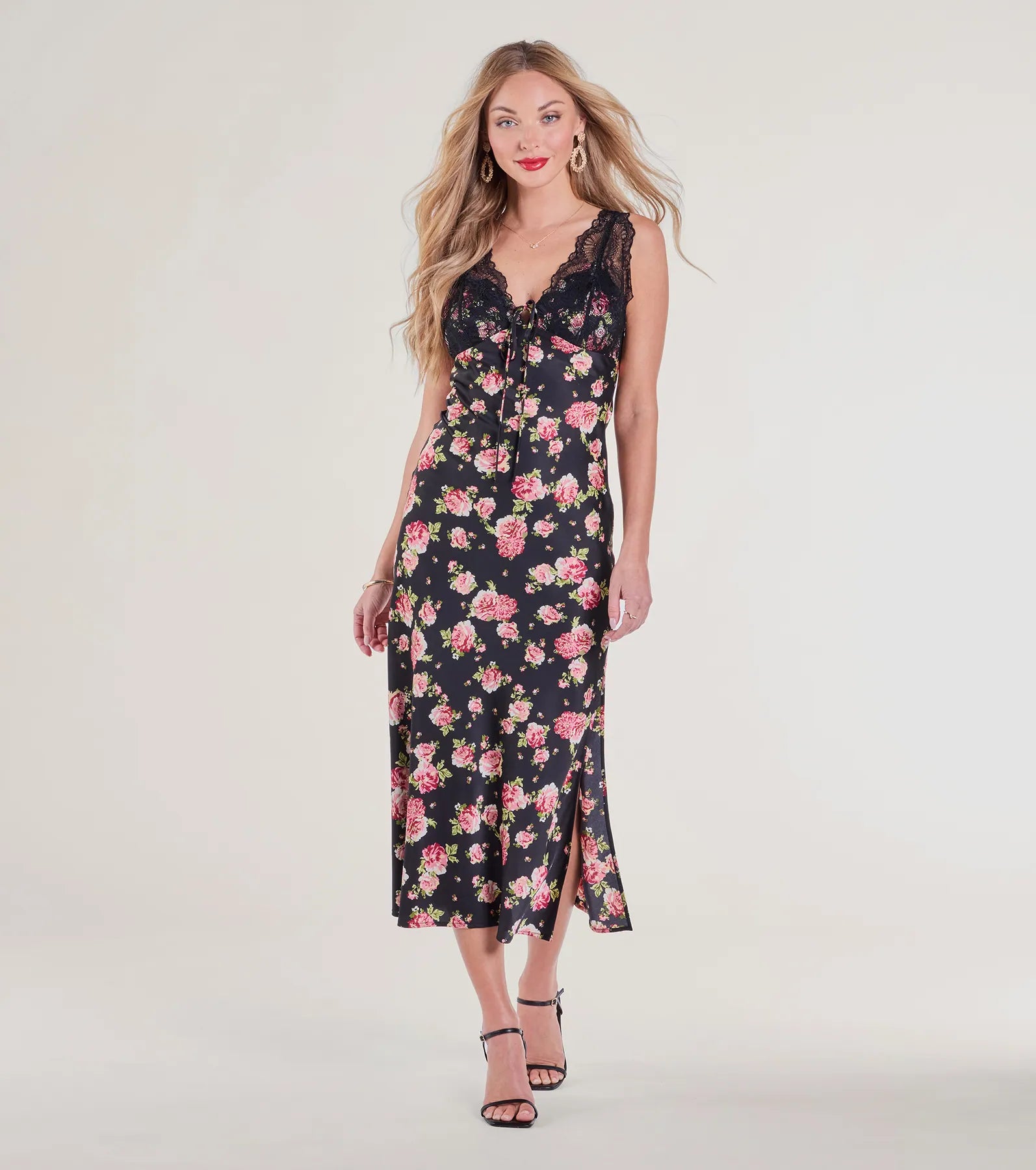 Elegant Sunset Lace V-Neck Floral Satin Midi Dress