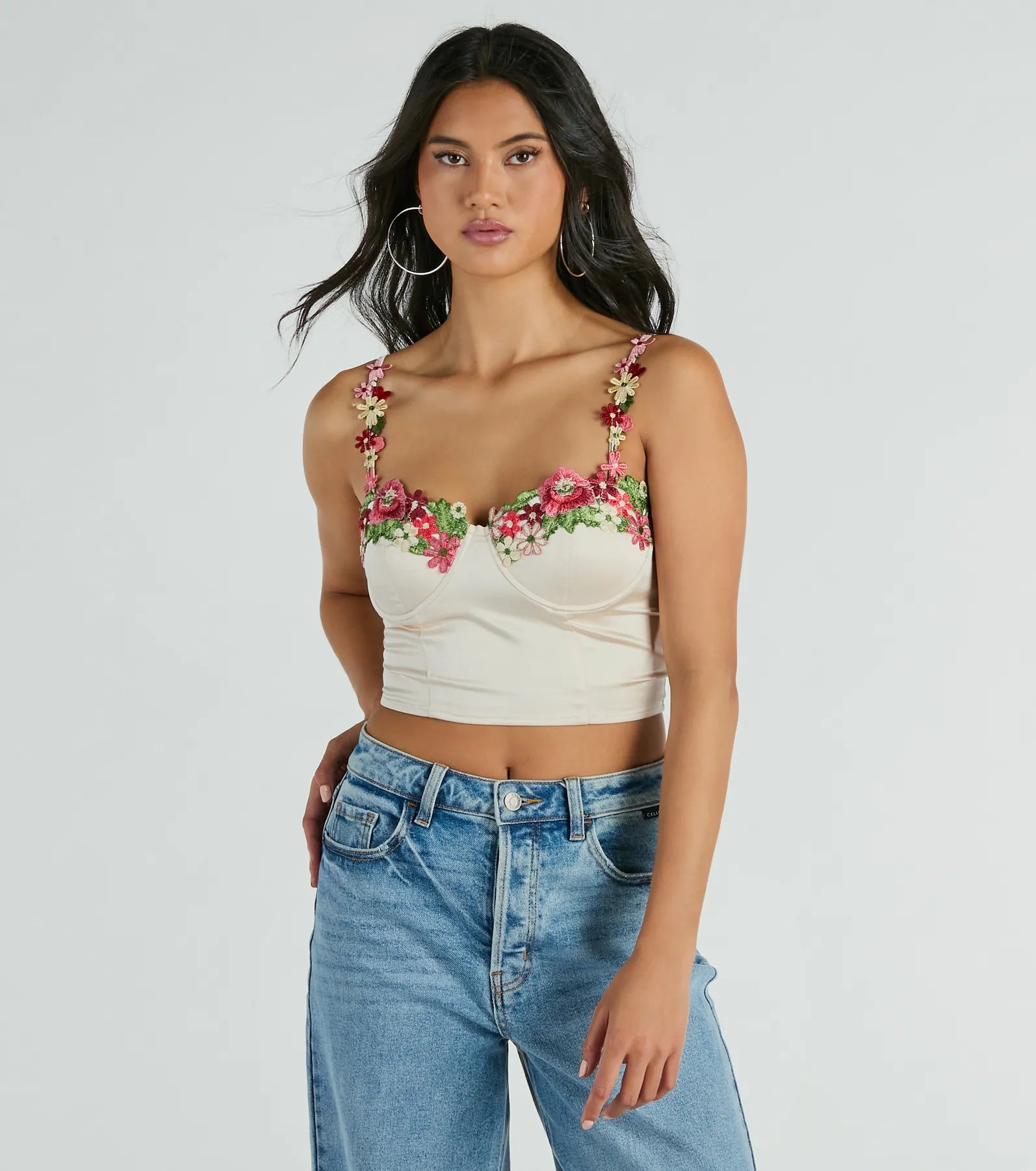 Premium Floral Applique Satin Crop Top - Ultimate Evening Style