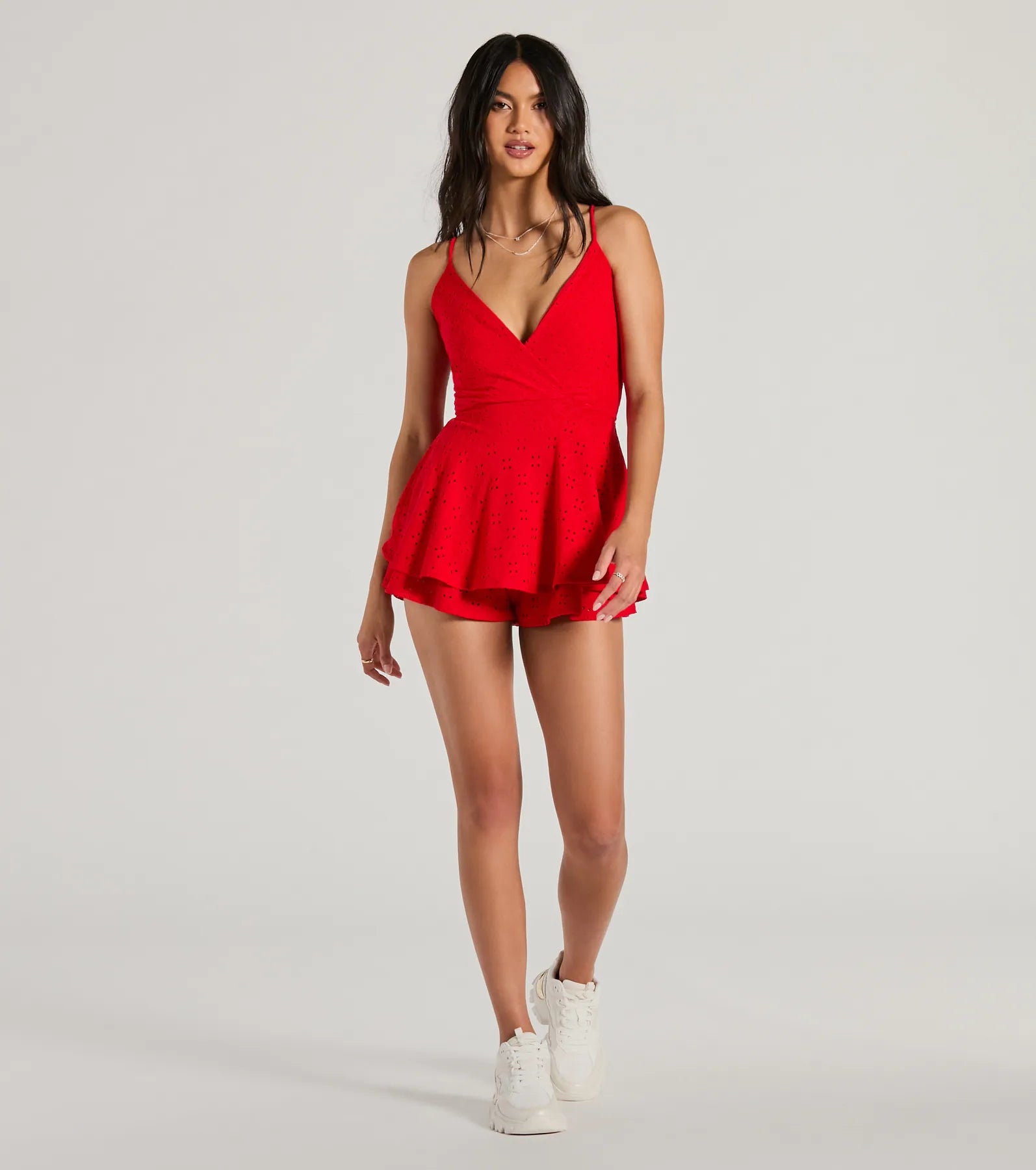 Ultimate Summer Style: V-Neck Tie Eyelet Skater Romper