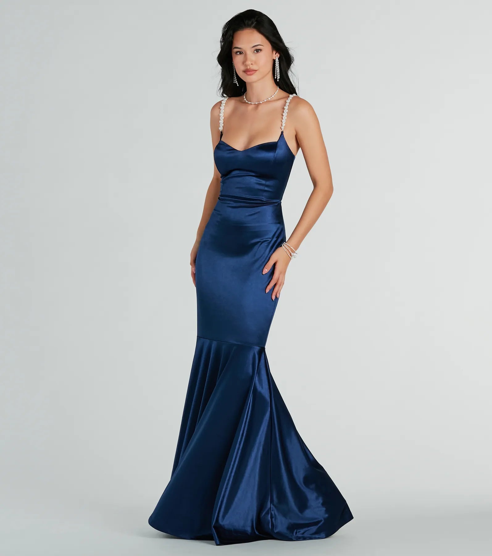 Premium Devina Elegance Satin Lace-Up Gown with Faux Pearls