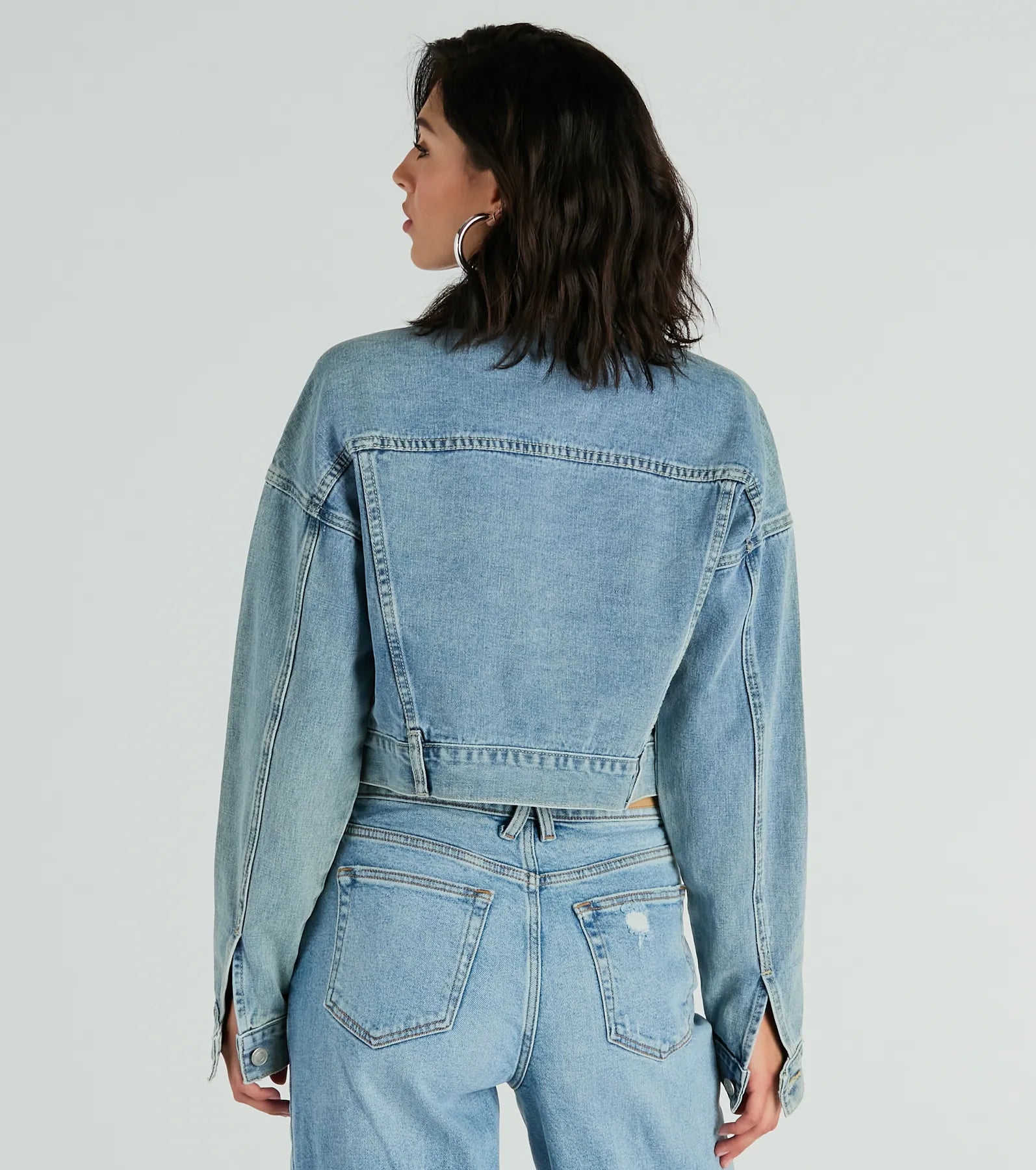 Premium Good Vibes Zip-Up Crop Denim Jacket