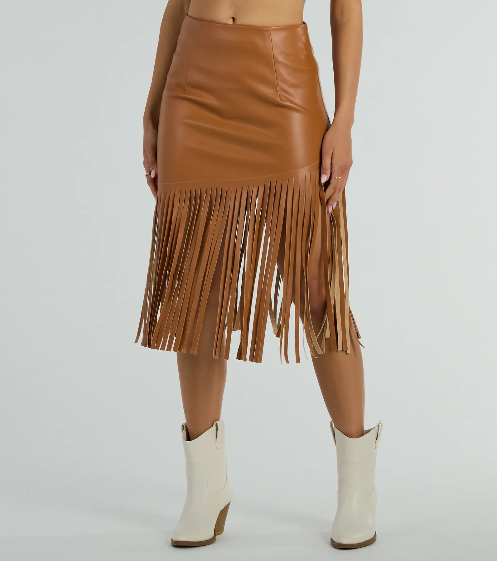 Ultimate Country Style Faux Leather Fringe Midi Skirt