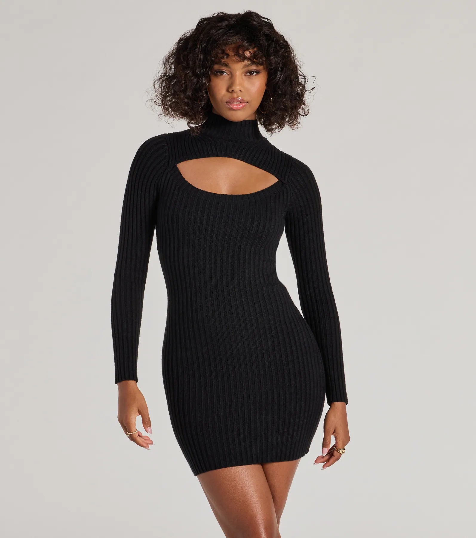 Ultimate Chic Season Mock Neck Cutout Ribbed Knit Mini Dress