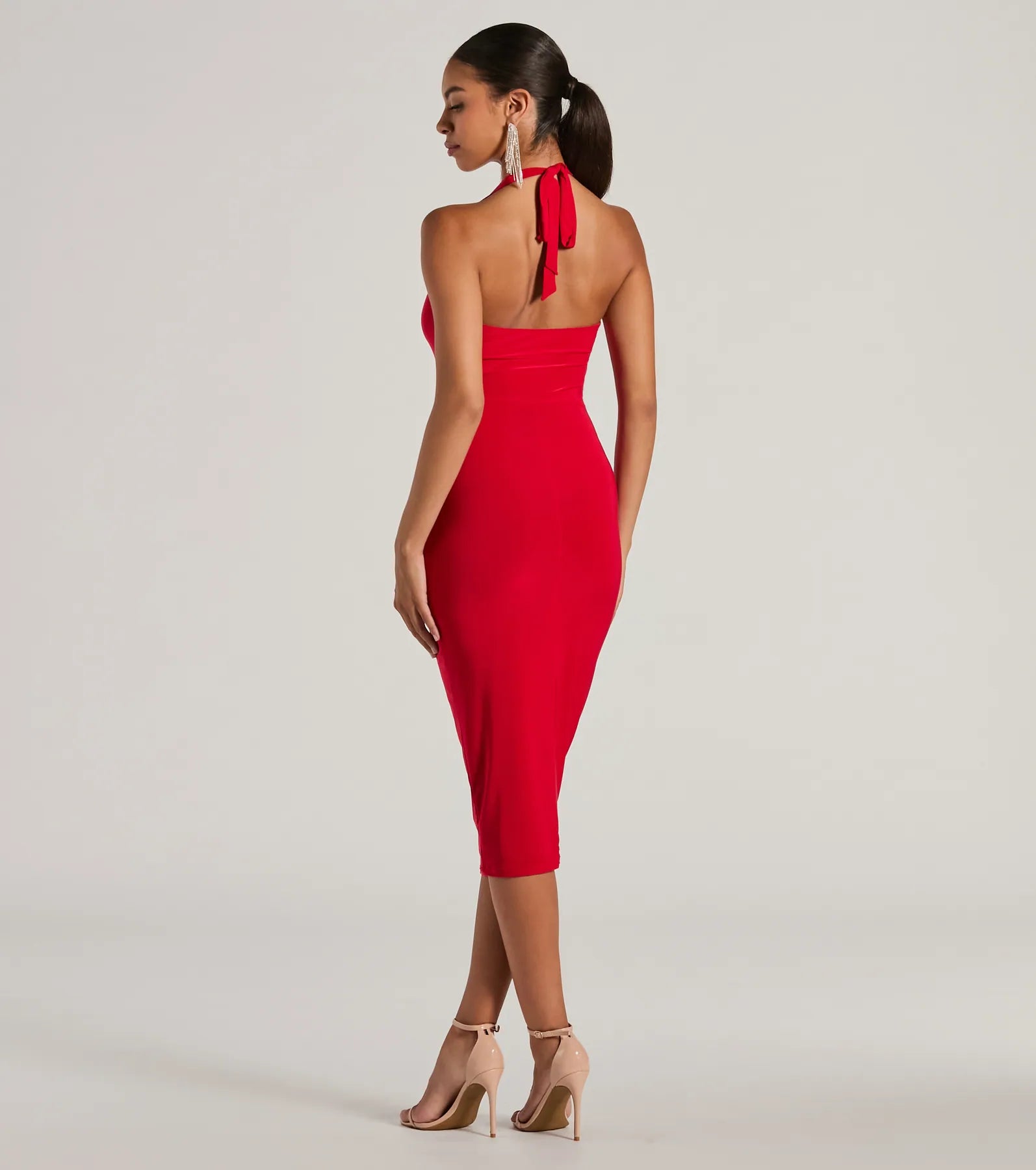 Ultimate Sultry Evening Plunge V-Neck Halter Midi Dress