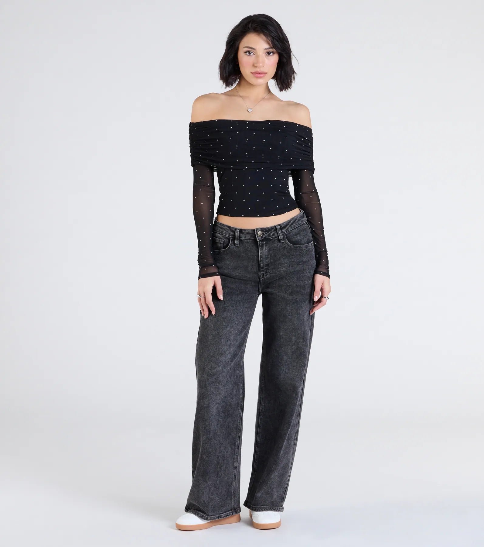 Premium Chic Off-The-Shoulder Polka Dot Crop Top