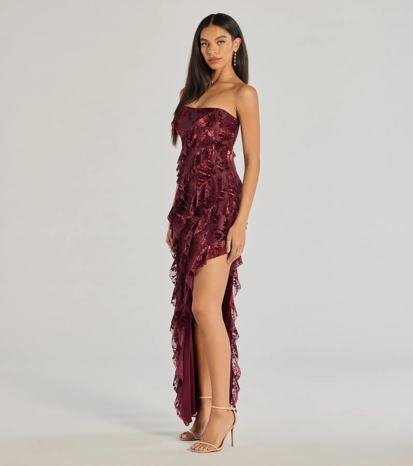 Premium Brie Strapless Elegant Ruffle Dress