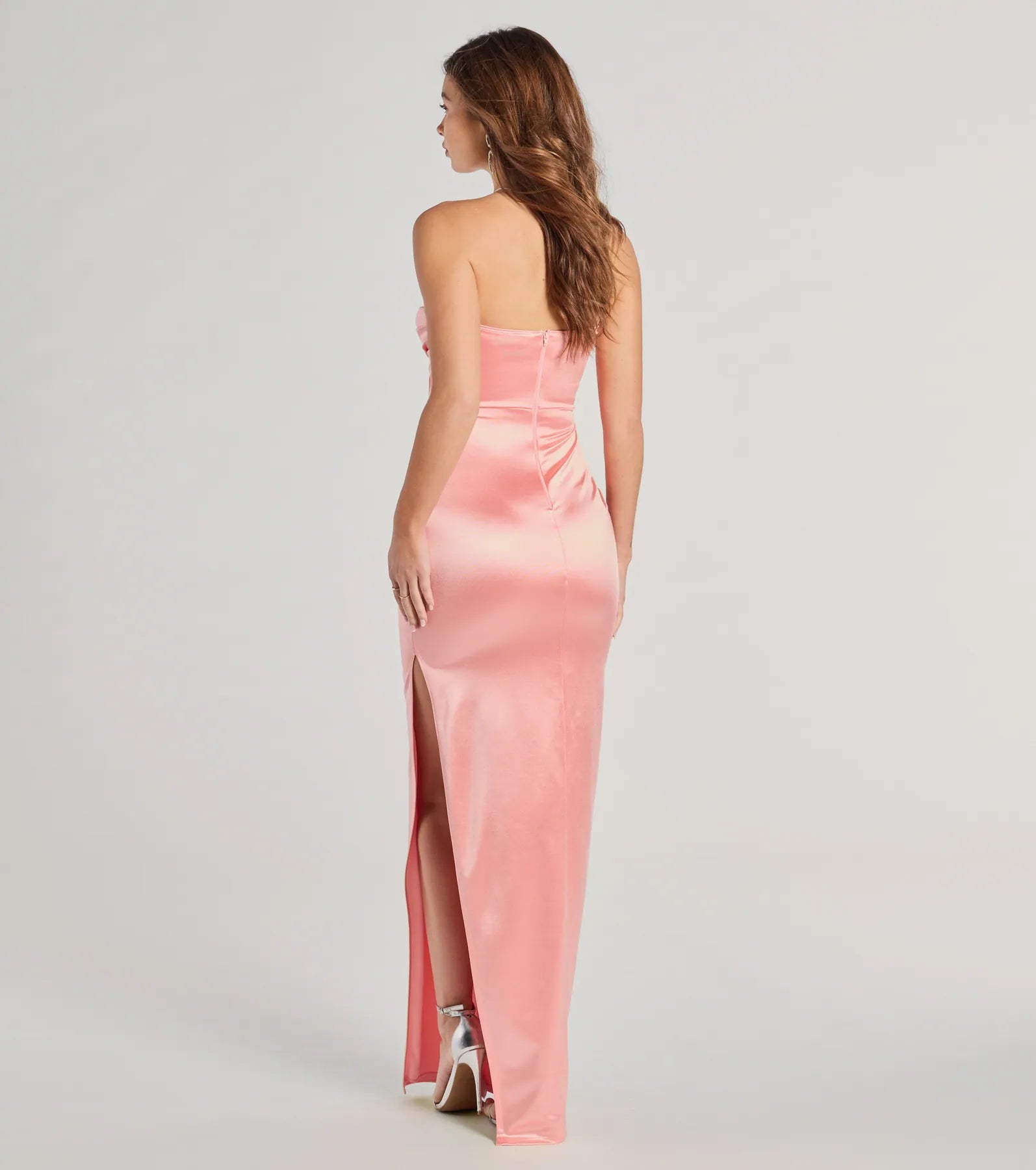 Brianna Premium Satin Strapless Evening Gown with High Slit