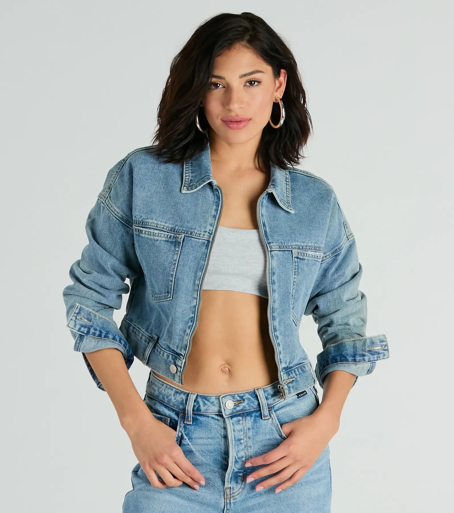 Premium Good Vibes Zip-Up Crop Denim Jacket