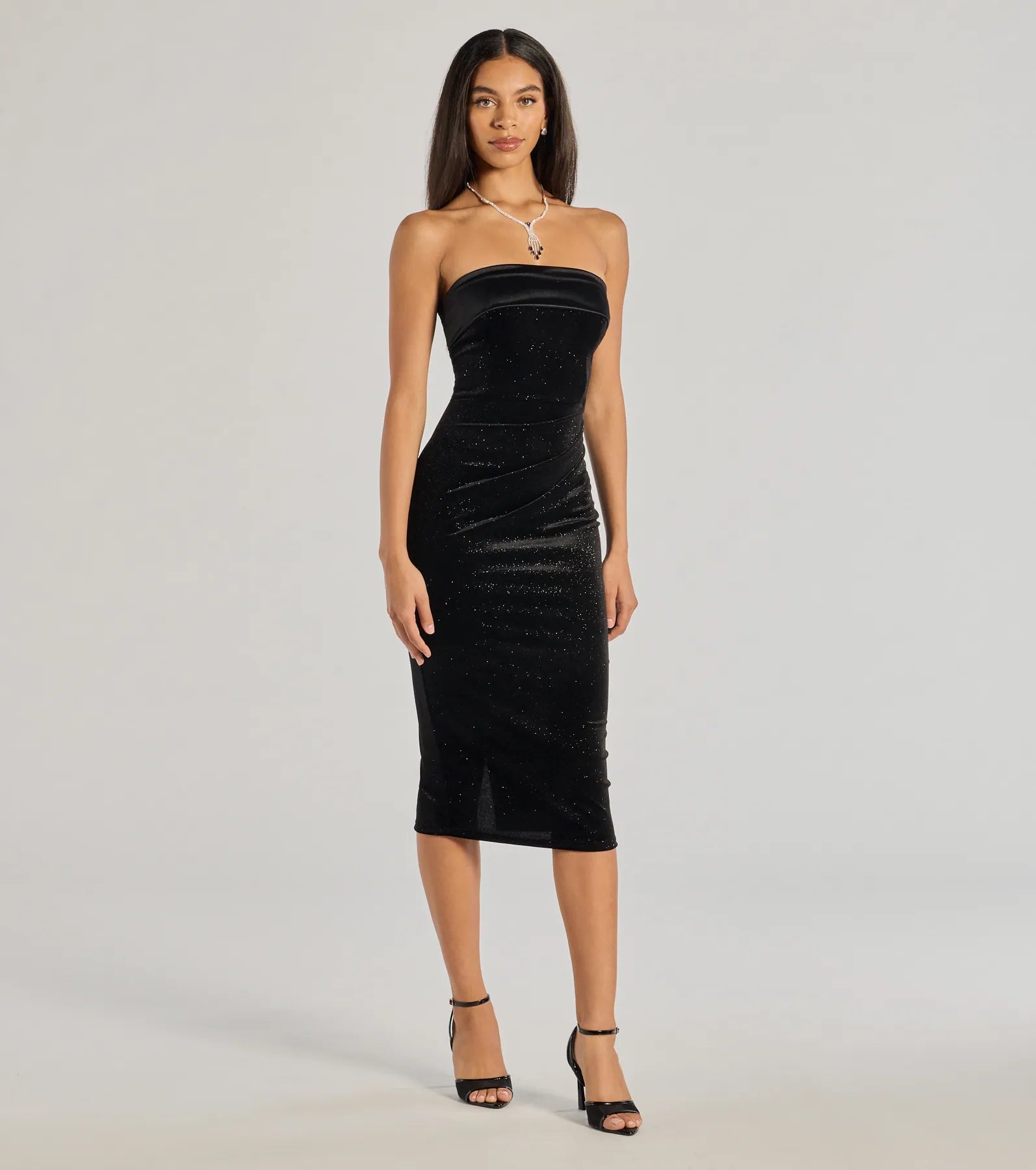 Premium Sparkly Glitter Velvet Strapless Midi Dress - Ultimate Night Out Essential