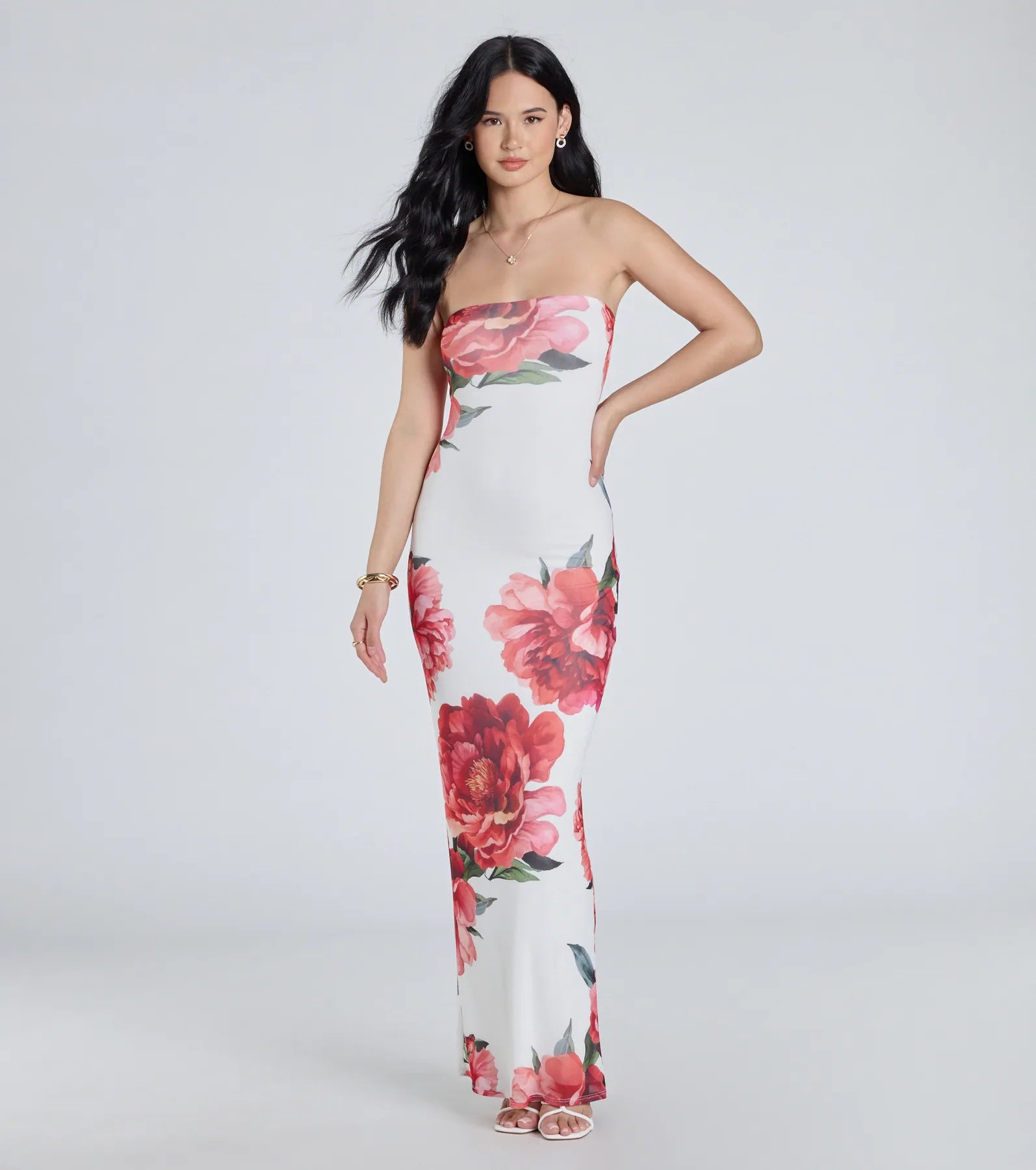 Ultimate Bold Stunner Floral Mesh Strapless Maxi Dress