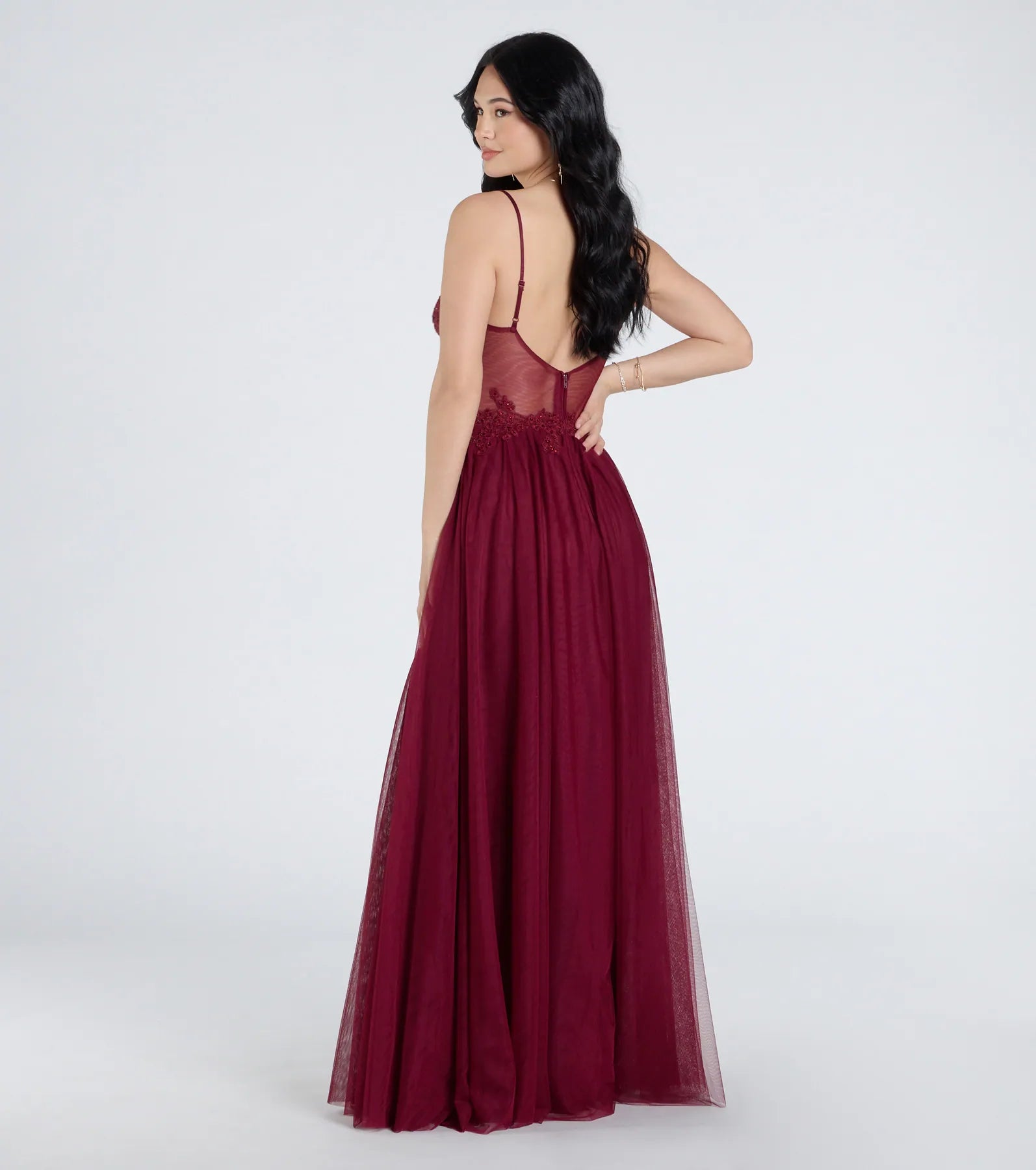 Fatima Premium Embroidered V-Neck Tulle Gown