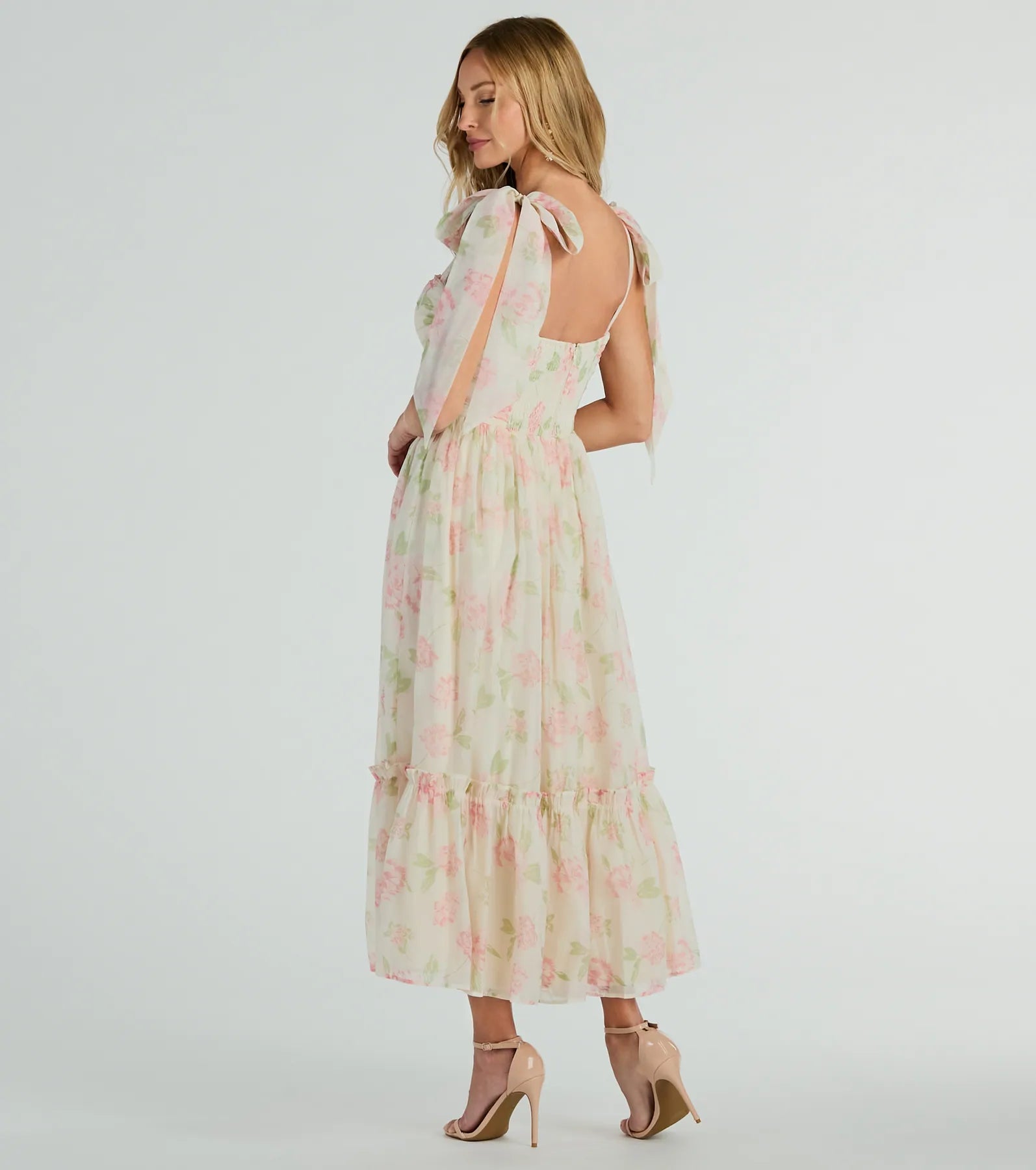 Premium Gretchen Sweetheart Tie Floral Chiffon Midi Dress - Ultimate Elegance