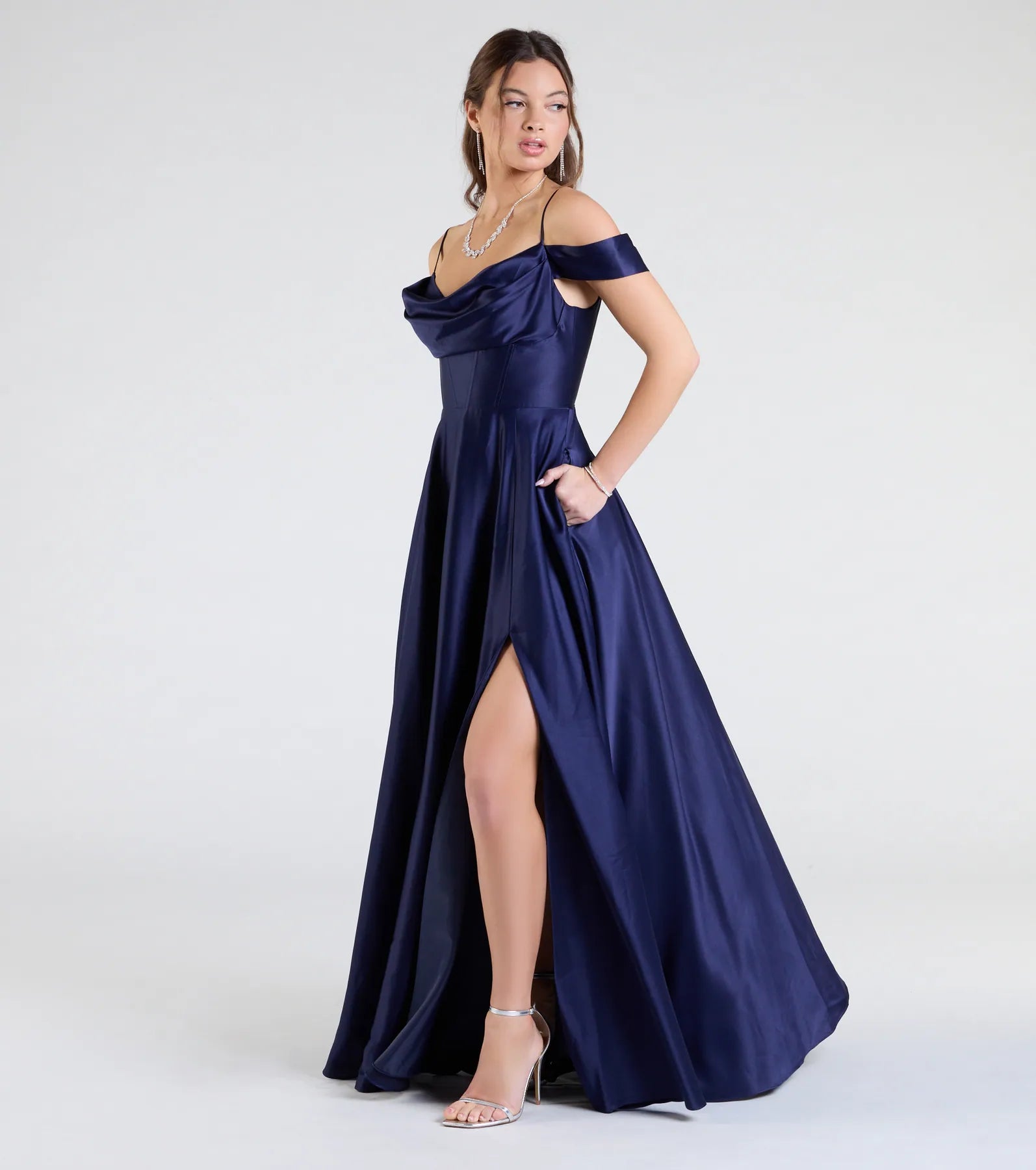 Premium Alira Satin Cold Shoulder A-Line Gown