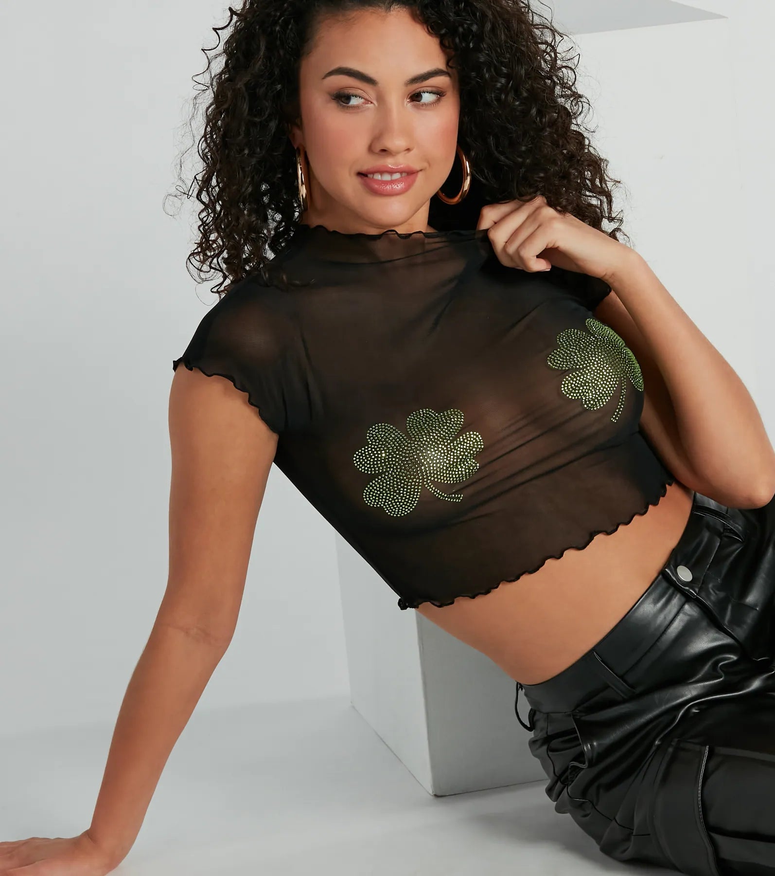 Ultimate Sultry Charm Rhinestone Four-Leaf Clover Mesh Crop Top