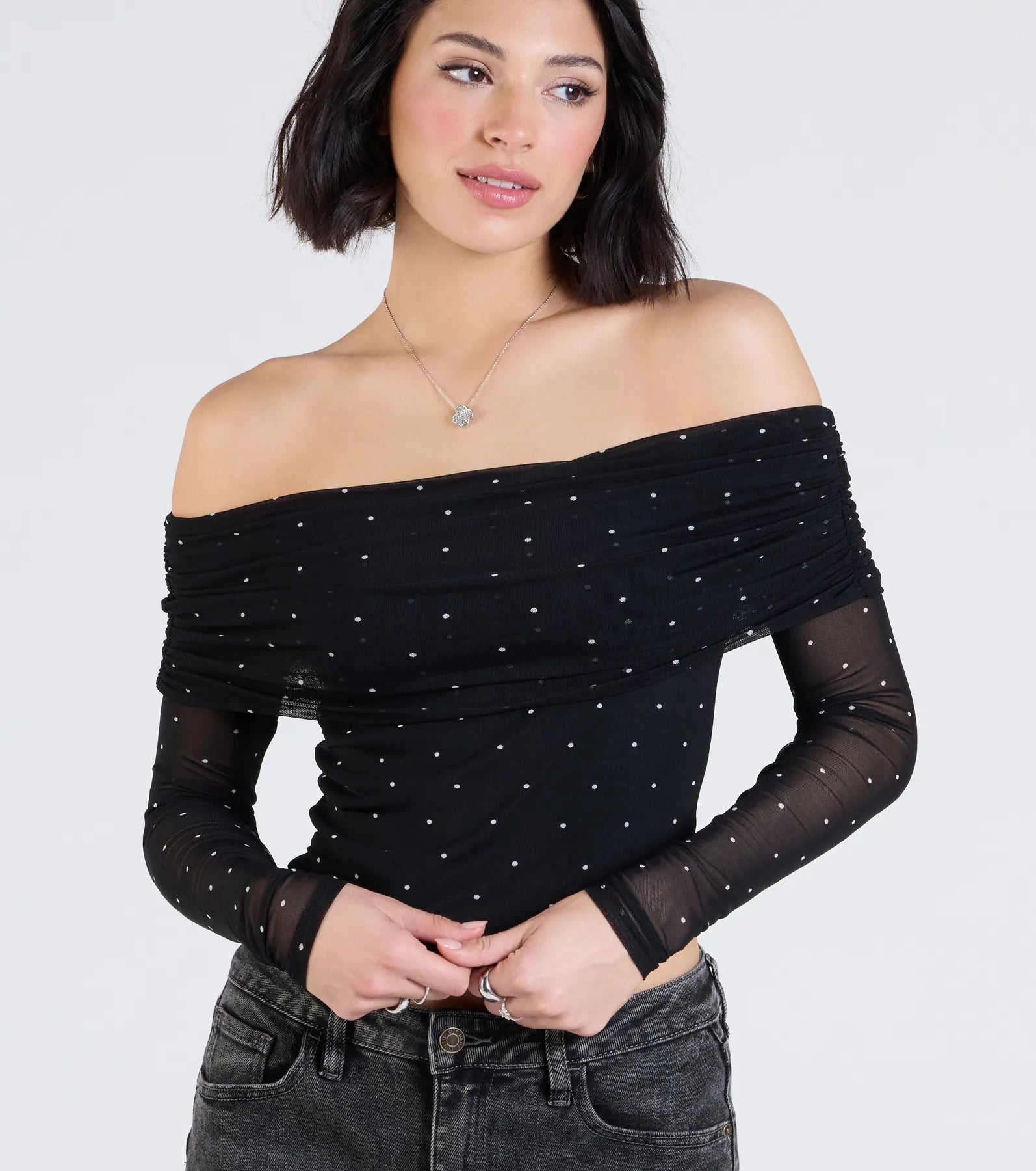 Premium Chic Off-The-Shoulder Polka Dot Crop Top