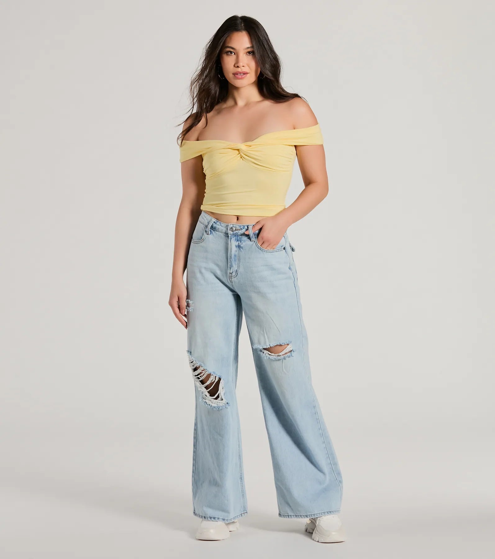 Ultimate Trendy Twist-Front Off-The-Shoulder Crop Top