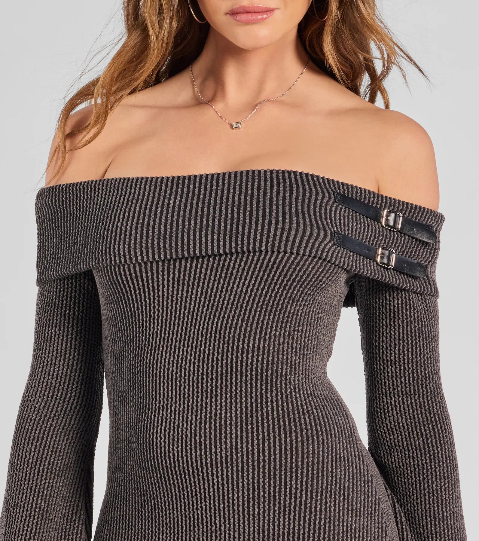 Ultimate Buckled Beauty Off-The-Shoulder Knit Mini Dress