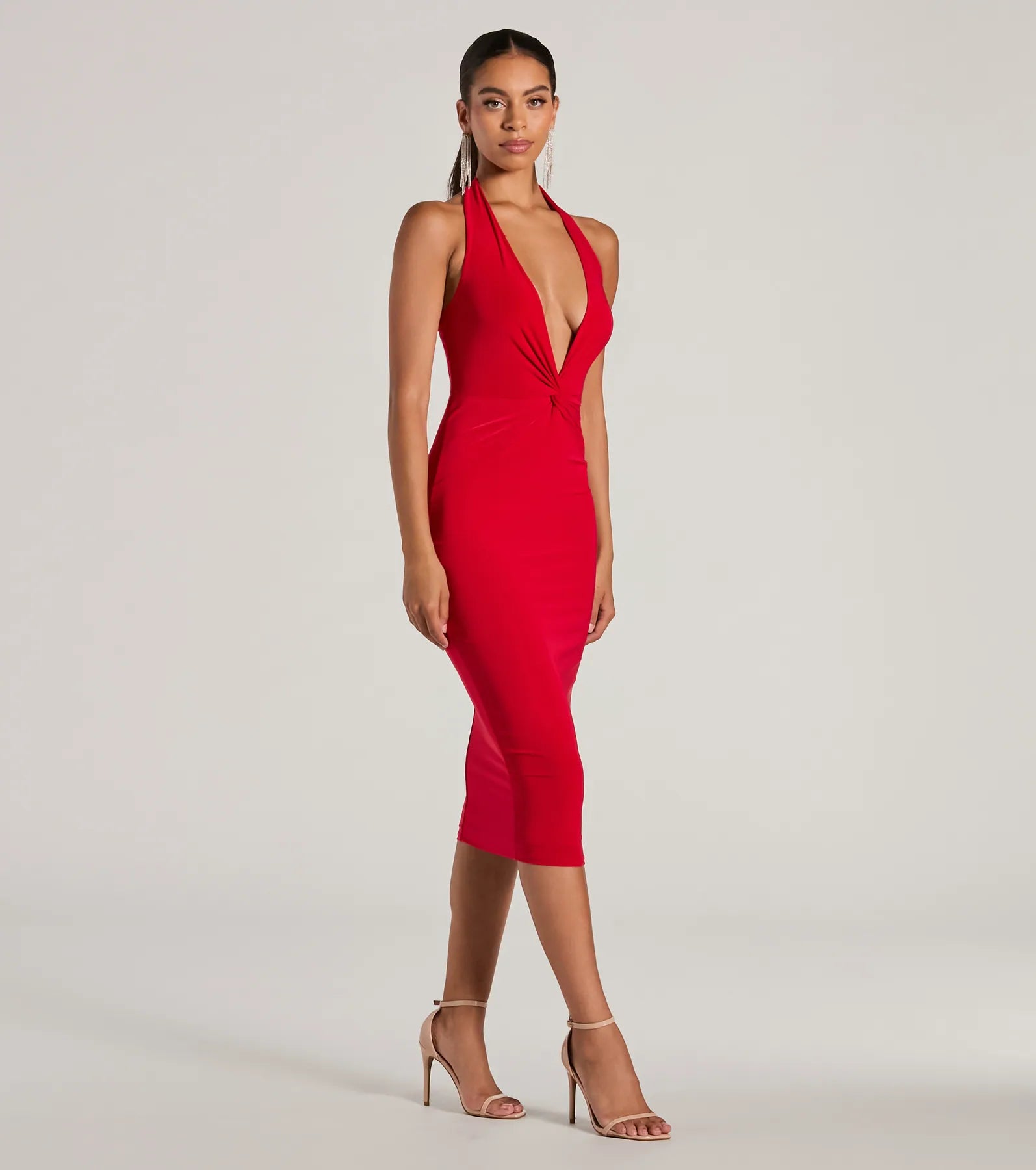 Ultimate Sultry Evening Plunge V-Neck Halter Midi Dress