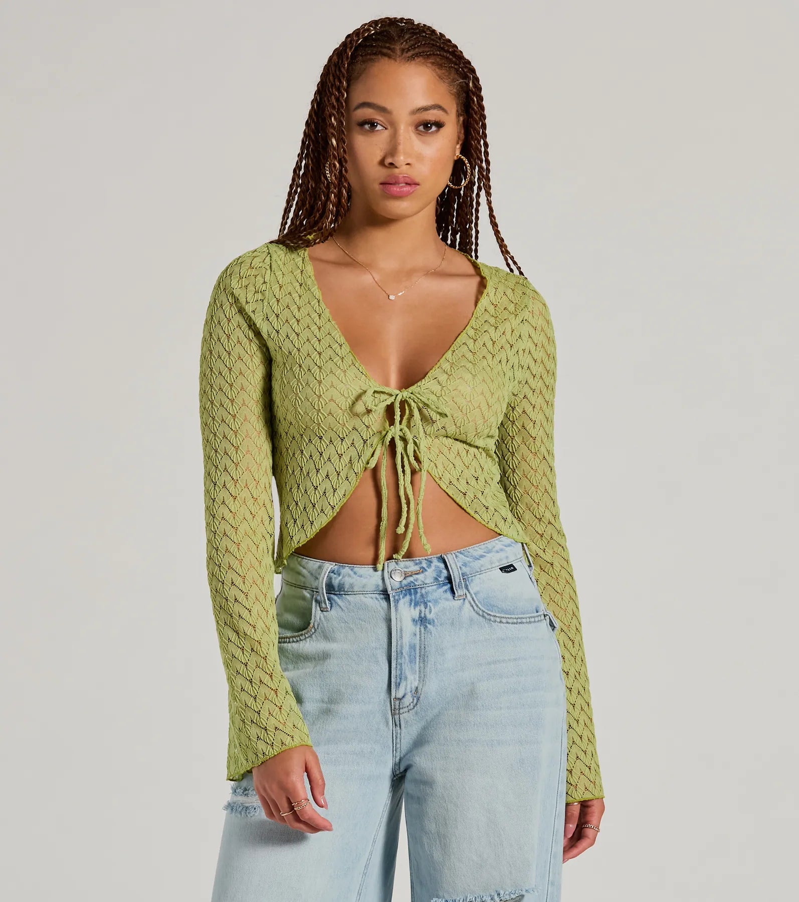 Ultimate Cabana Honey Tie Front Crochet Crop Sweater