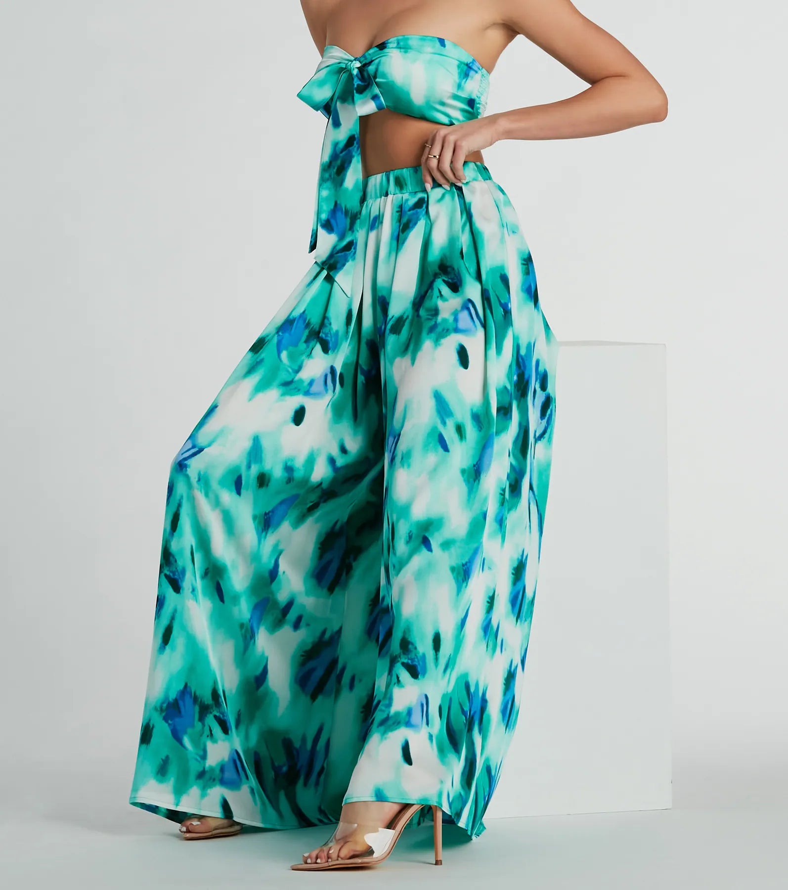 Premium Forever Muse Abstract Satin Wide-Leg Pants