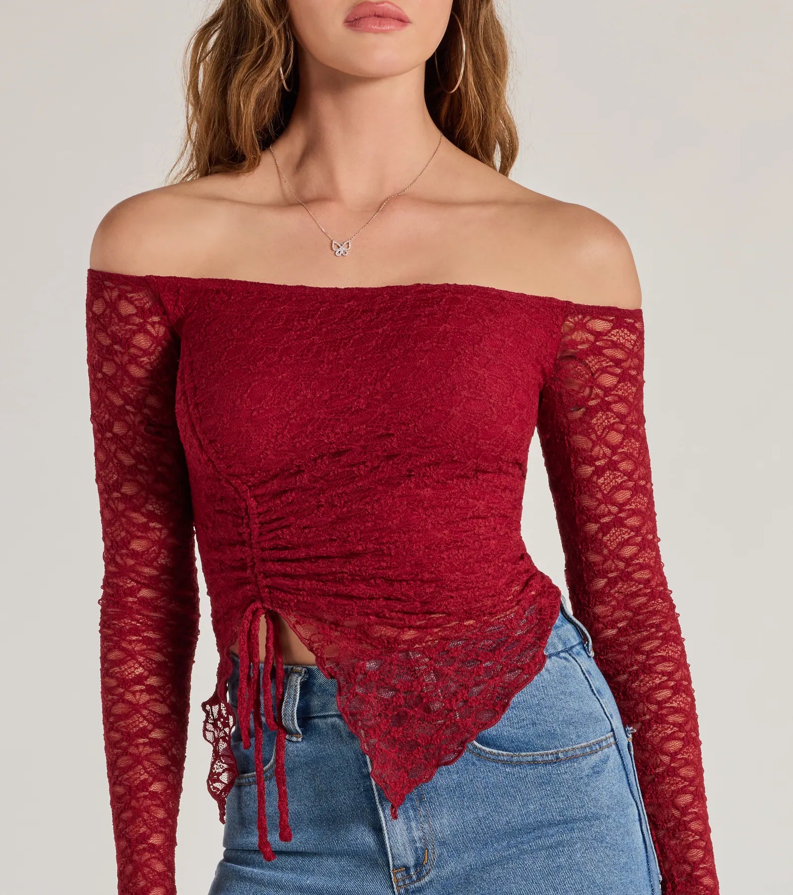 Ultimate Off-The-Shoulder Ruched Lace Top - Trendy & Elegant