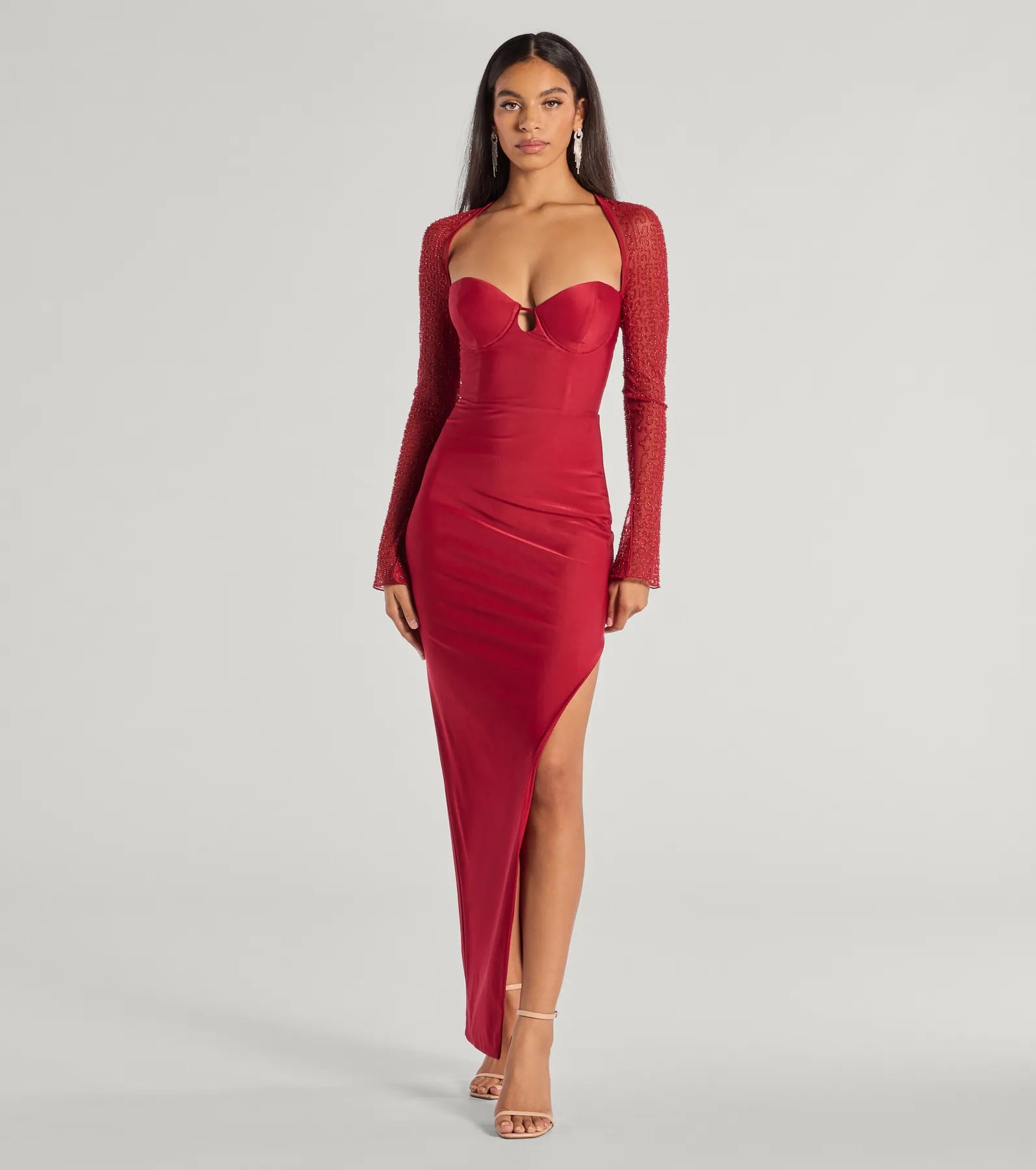 Premium Wren Beaded Long Sleeve High Slit Column Dress