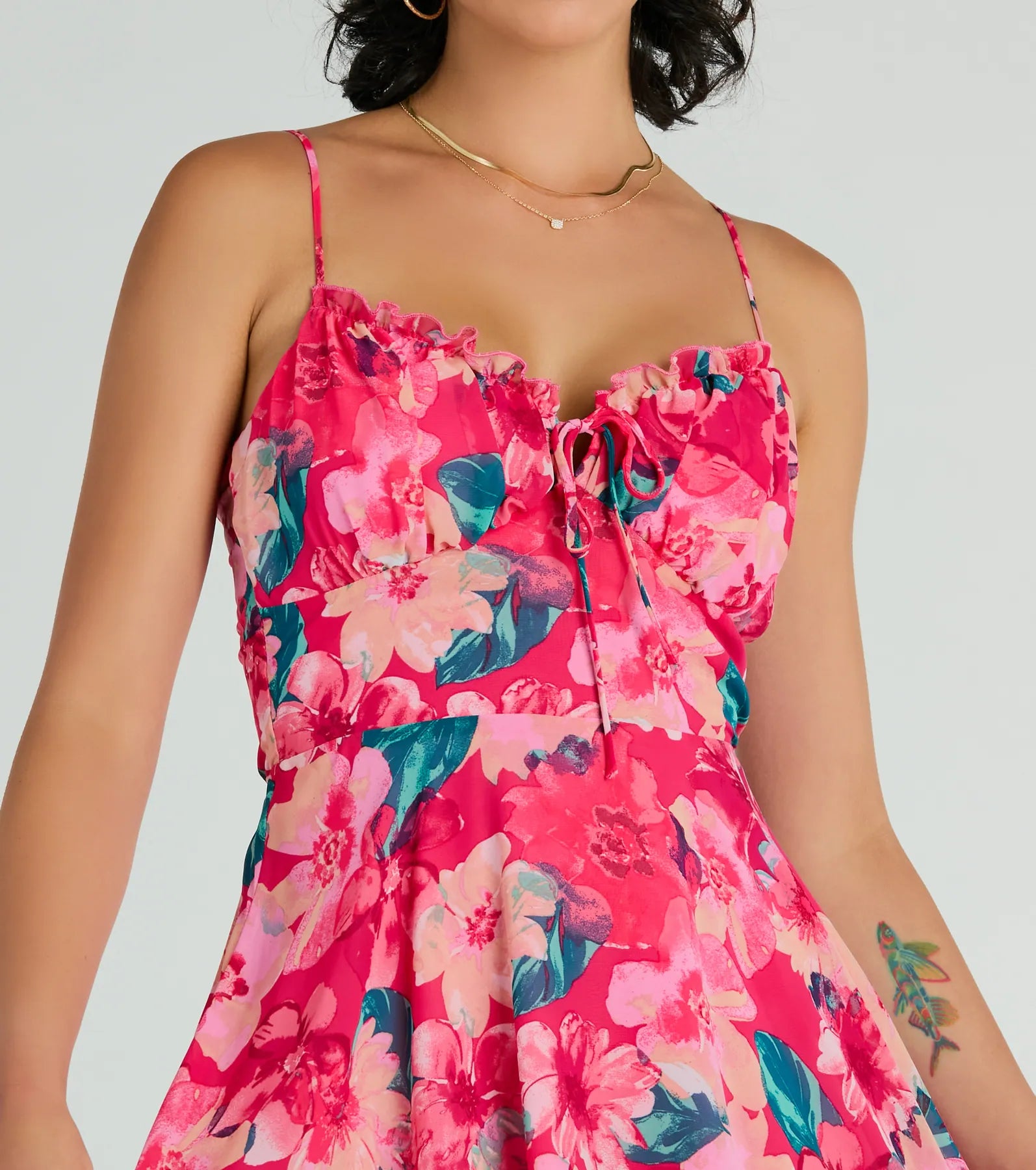 Ultimate Tropical Blooms Floral Ruffle Chiffon Skater Dress