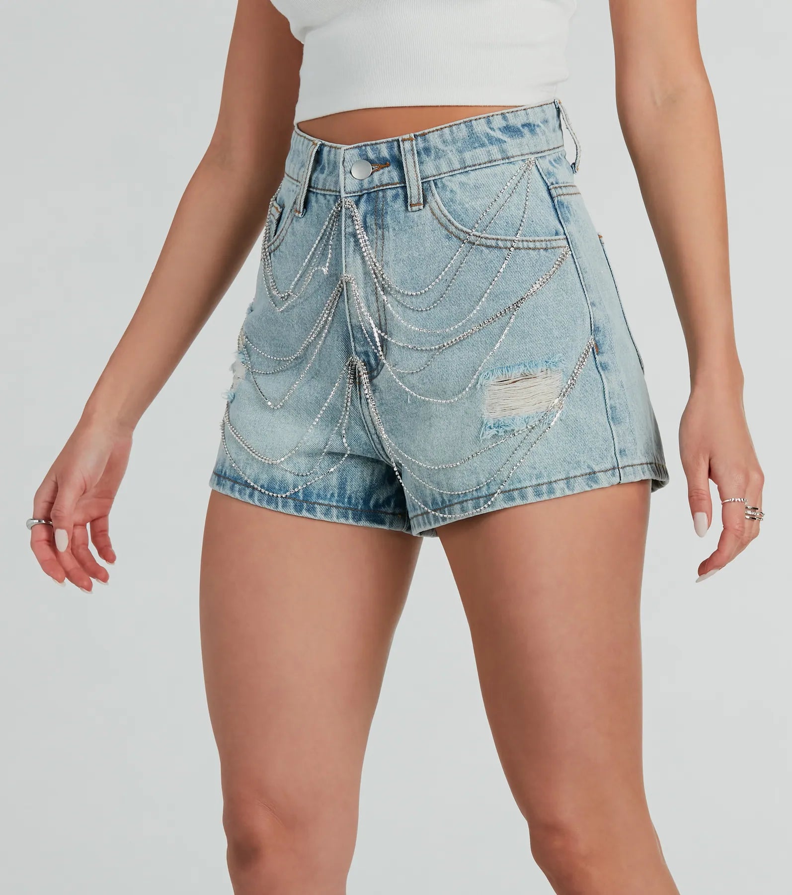 Ultimate Glam Rhinestone High-Rise Denim Shorts