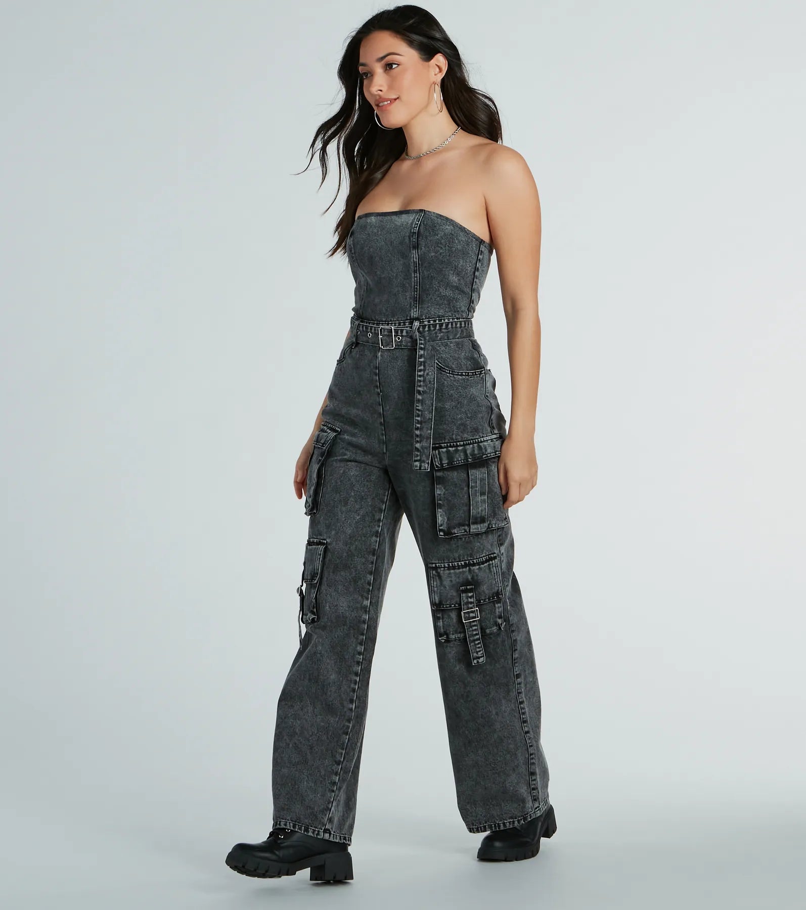 Ultimate Acid-Wash Denim Jumpsuit: Strapless Cargo Wide-Leg Style