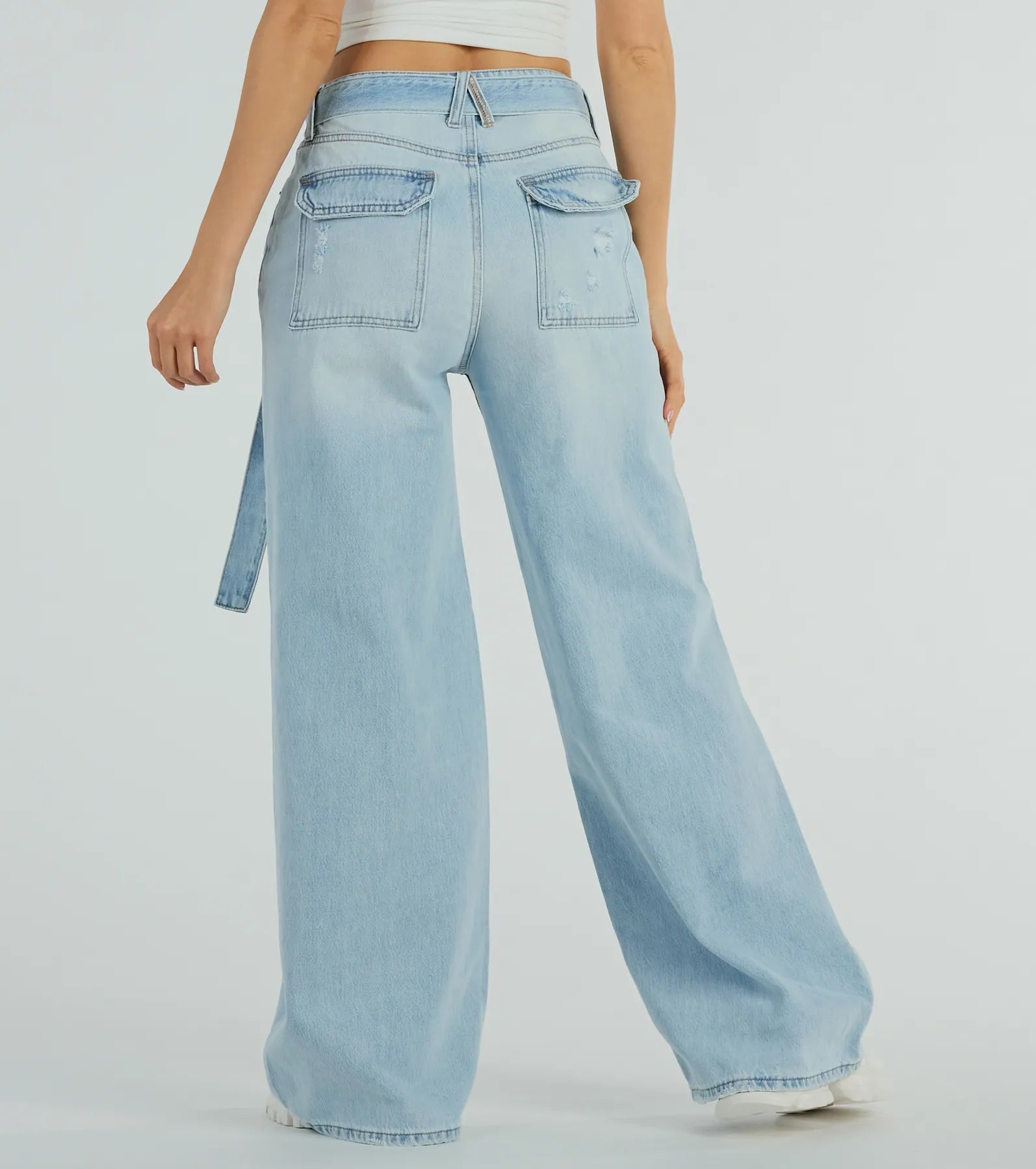 Ultimate Cool Vibes High-Rise Belted Distressed Wide-Leg Jeans