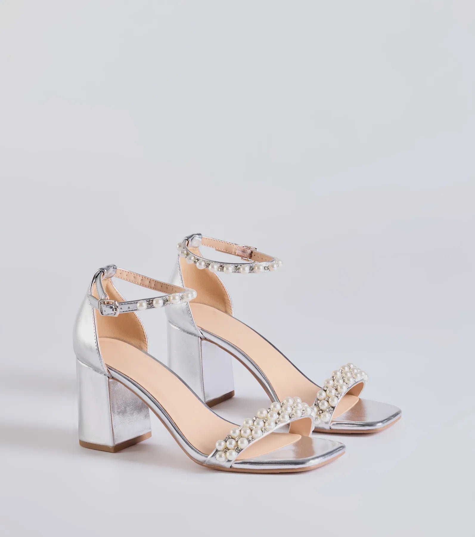 Premium Gleaming Radiance Metallic Block Heels with Faux Pearls