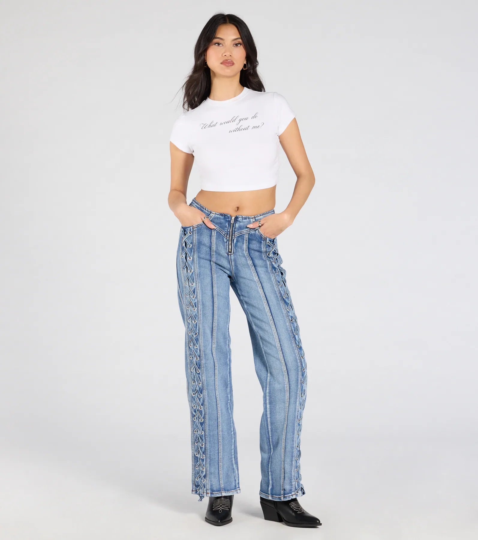 Ultimate Cool-Girl Lace-Up Straight-Leg Jeans