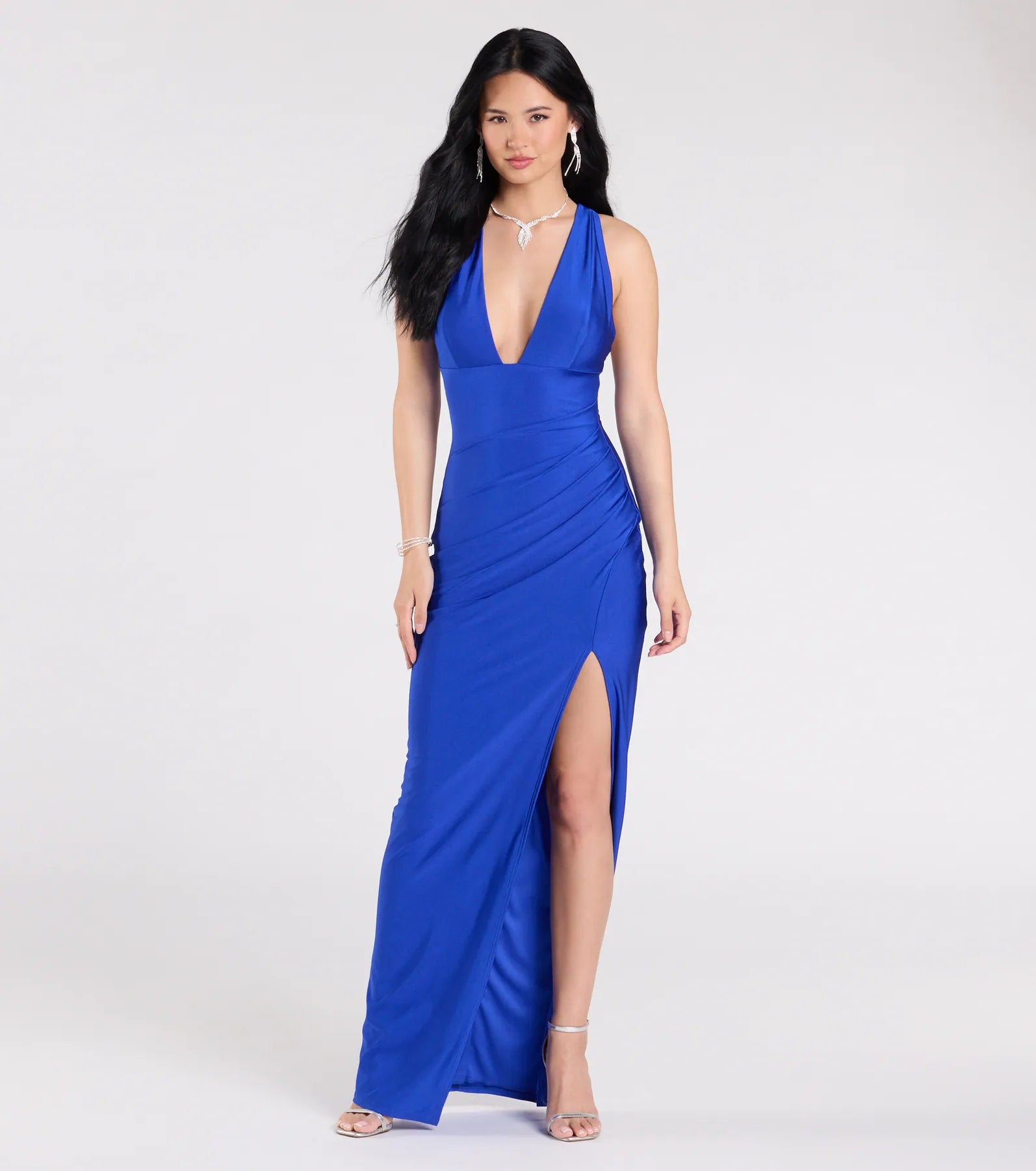 Premium Jenn V-Neck Strappy Back Slit Long Formal Dress - Ultimate Elegance